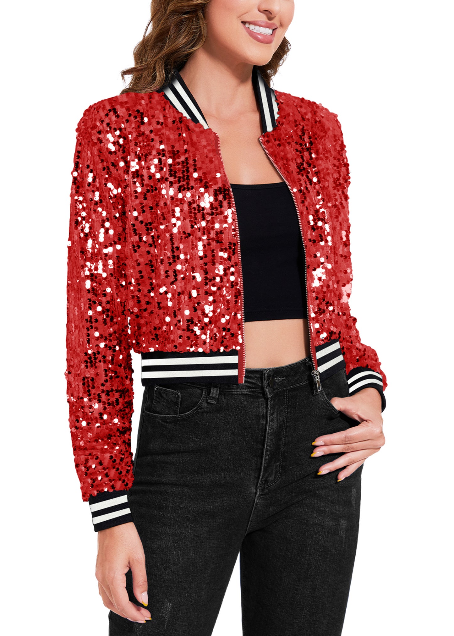 Anna-Kaci Women's Sparkly Sequin Cropped Jacket Long Sleeve Zipper Up Party Club Bomber Jacket