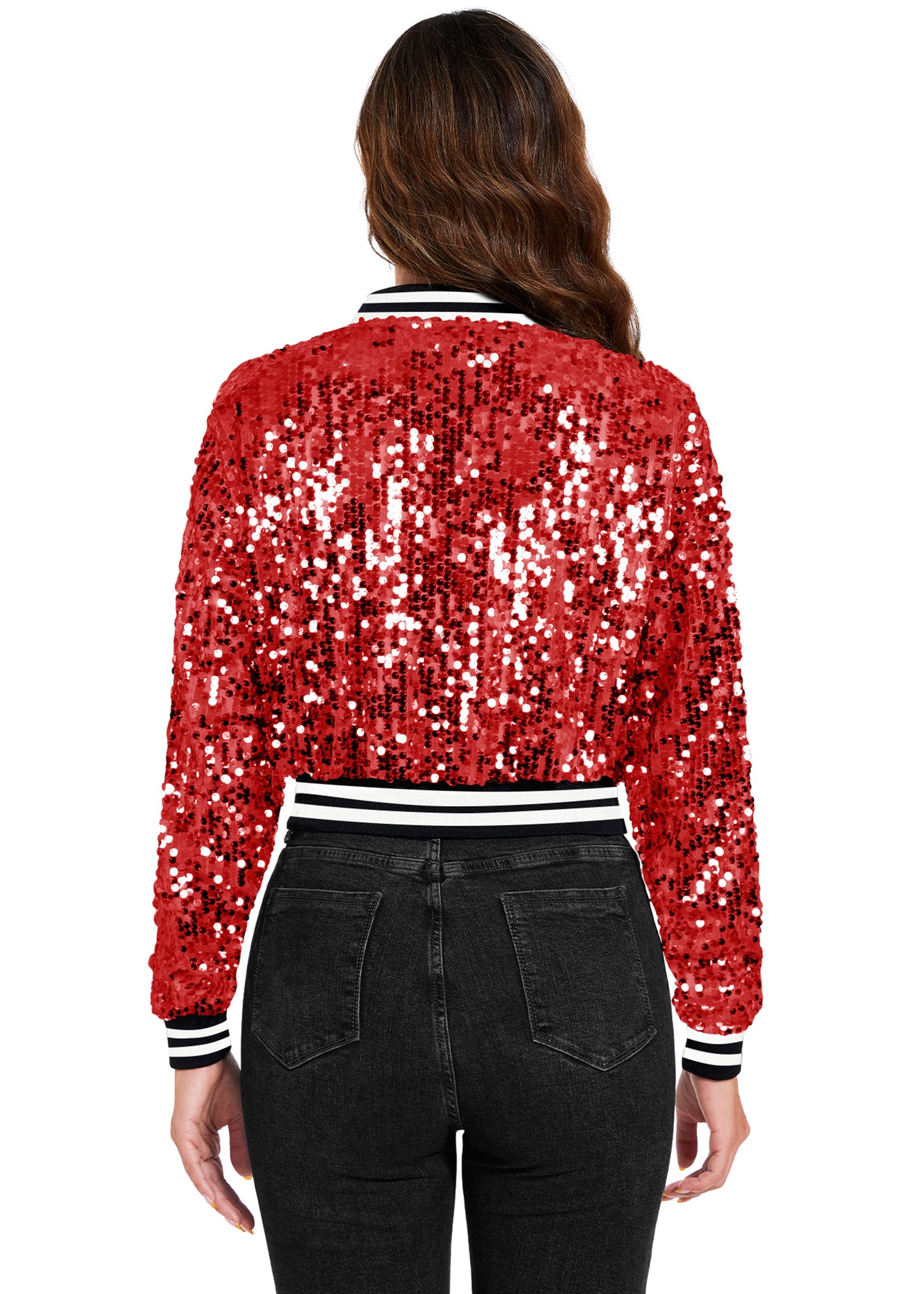 Anna-Kaci Women's Sparkly Sequin Cropped Jacket Long Sleeve Zipper Up Party Club Bomber Jacket