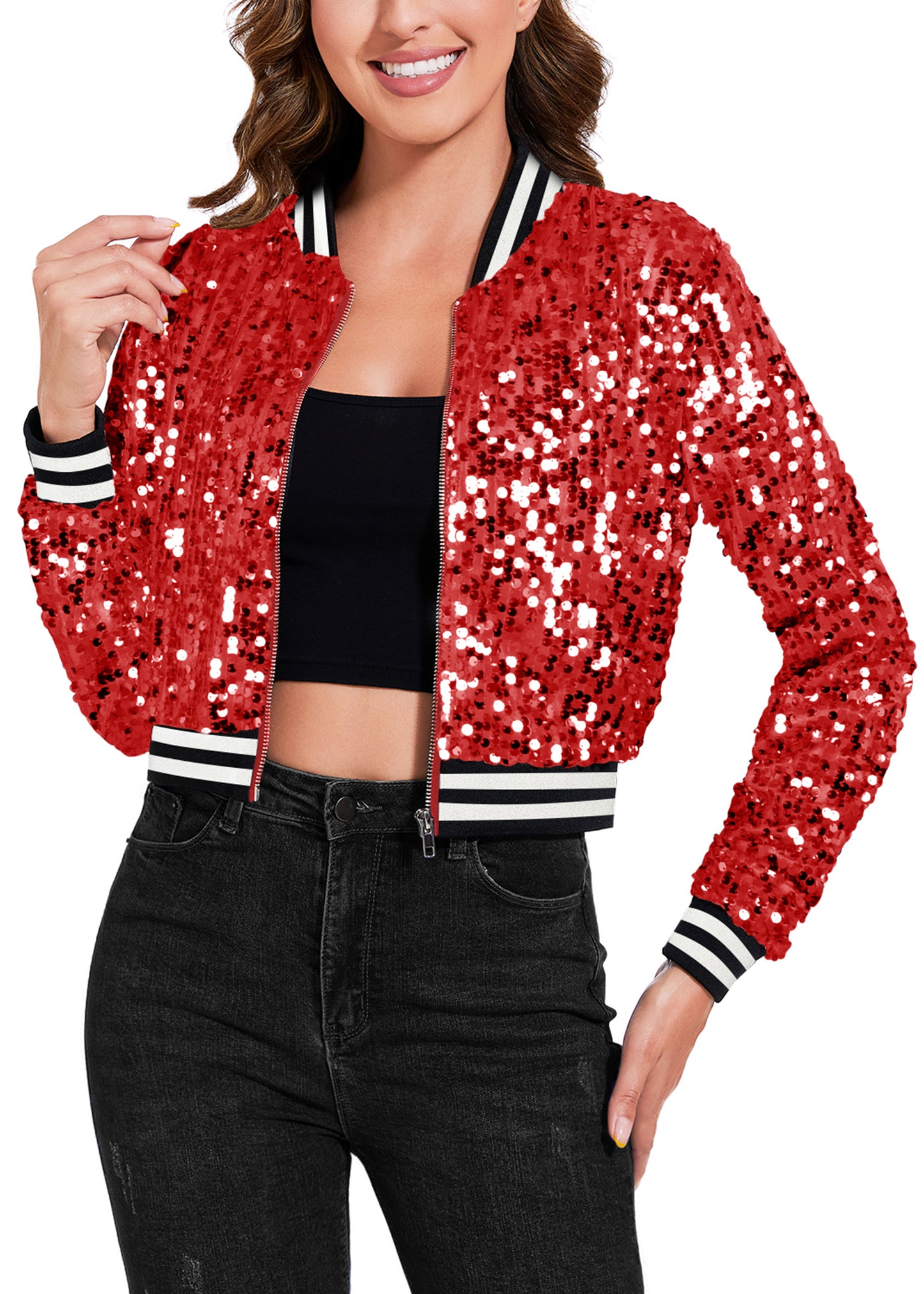 Anna-Kaci Women's Sparkly Sequin Cropped Jacket Long Sleeve Zipper Up Party Club Bomber Jacket