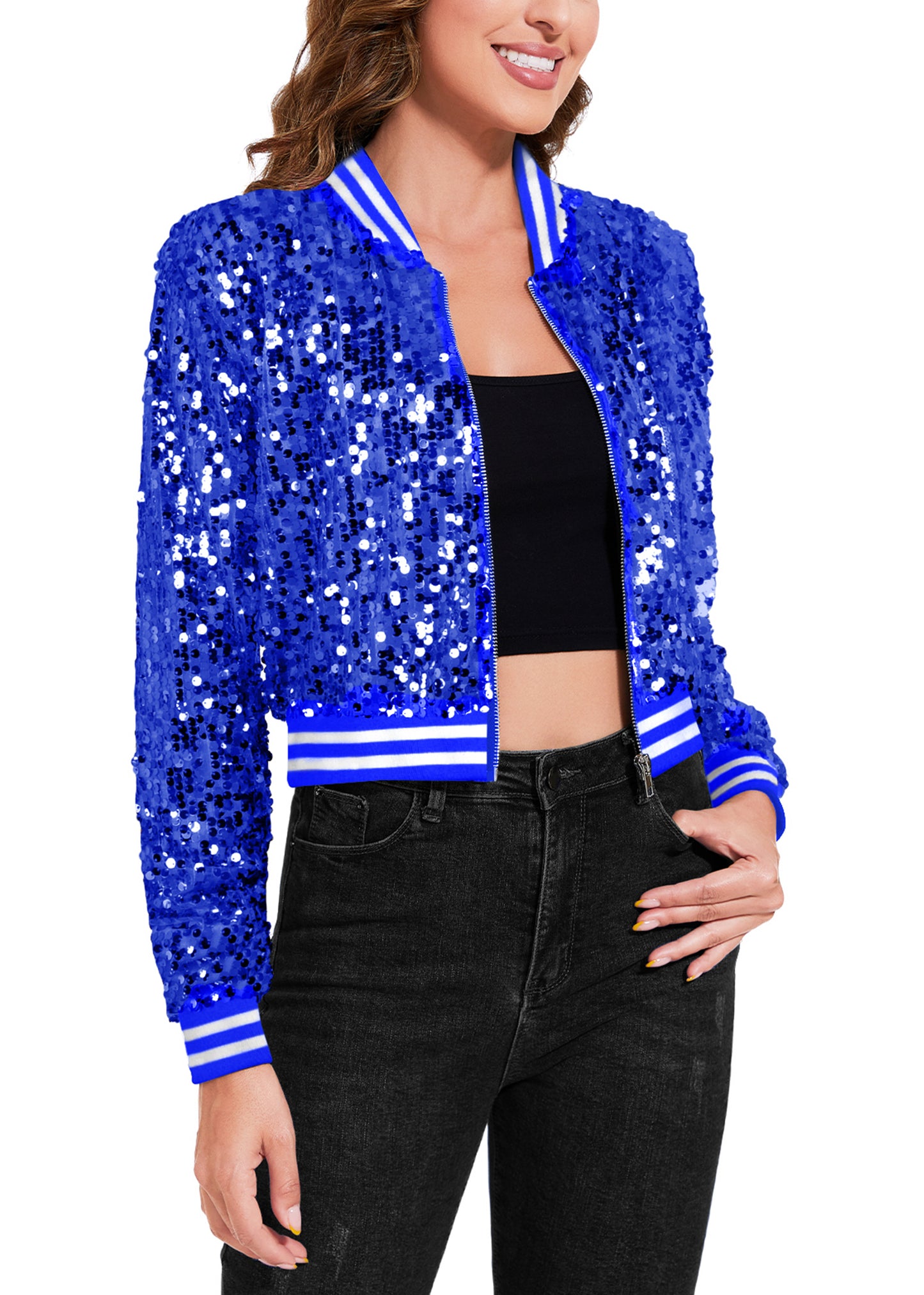 Anna-Kaci Women's Sparkly Sequin Cropped Jacket Long Sleeve Zipper Up Party Club Bomber Jacket