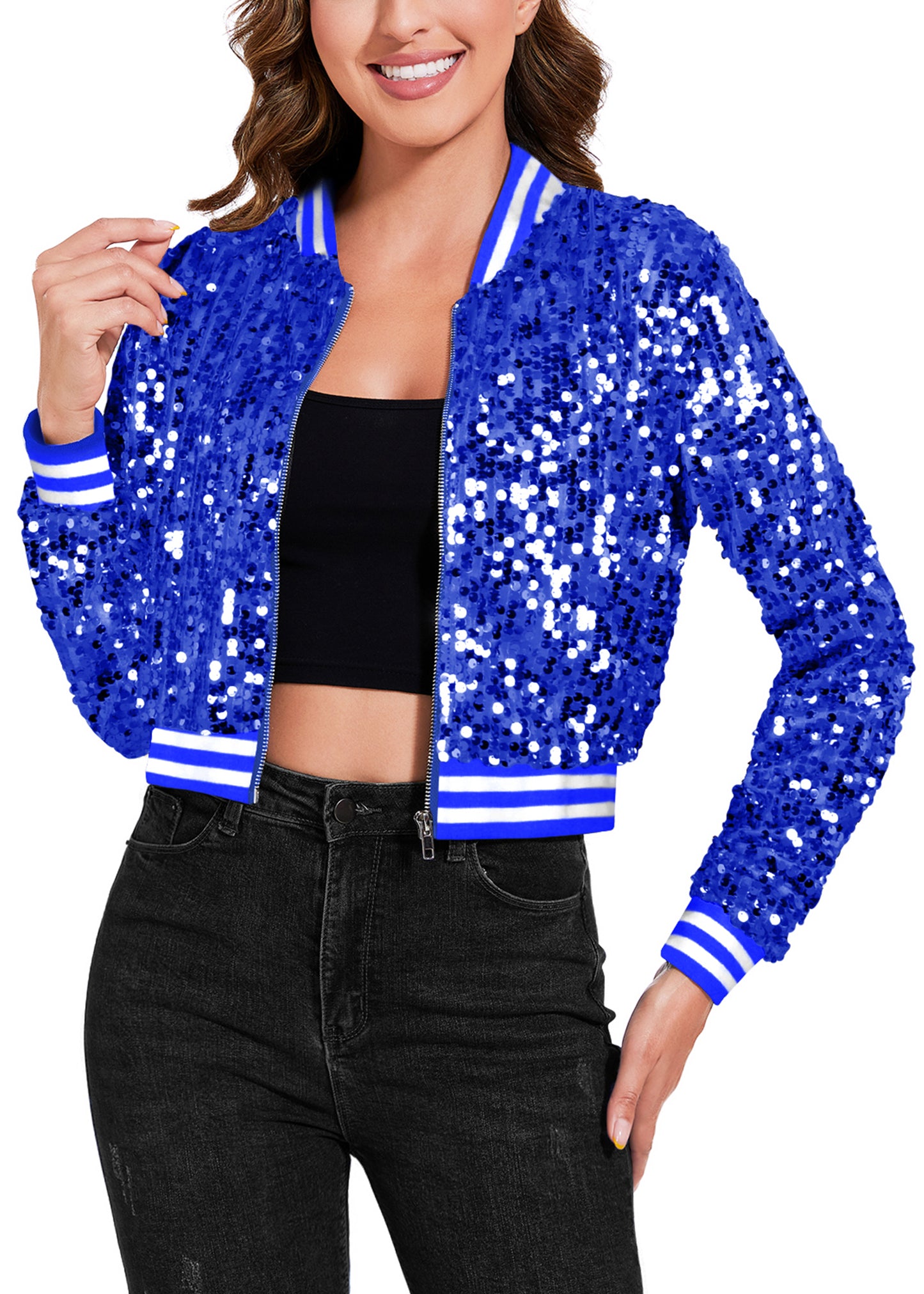 Anna-Kaci Women's Sparkly Sequin Cropped Jacket Long Sleeve Zipper Up Party Club Bomber Jacket