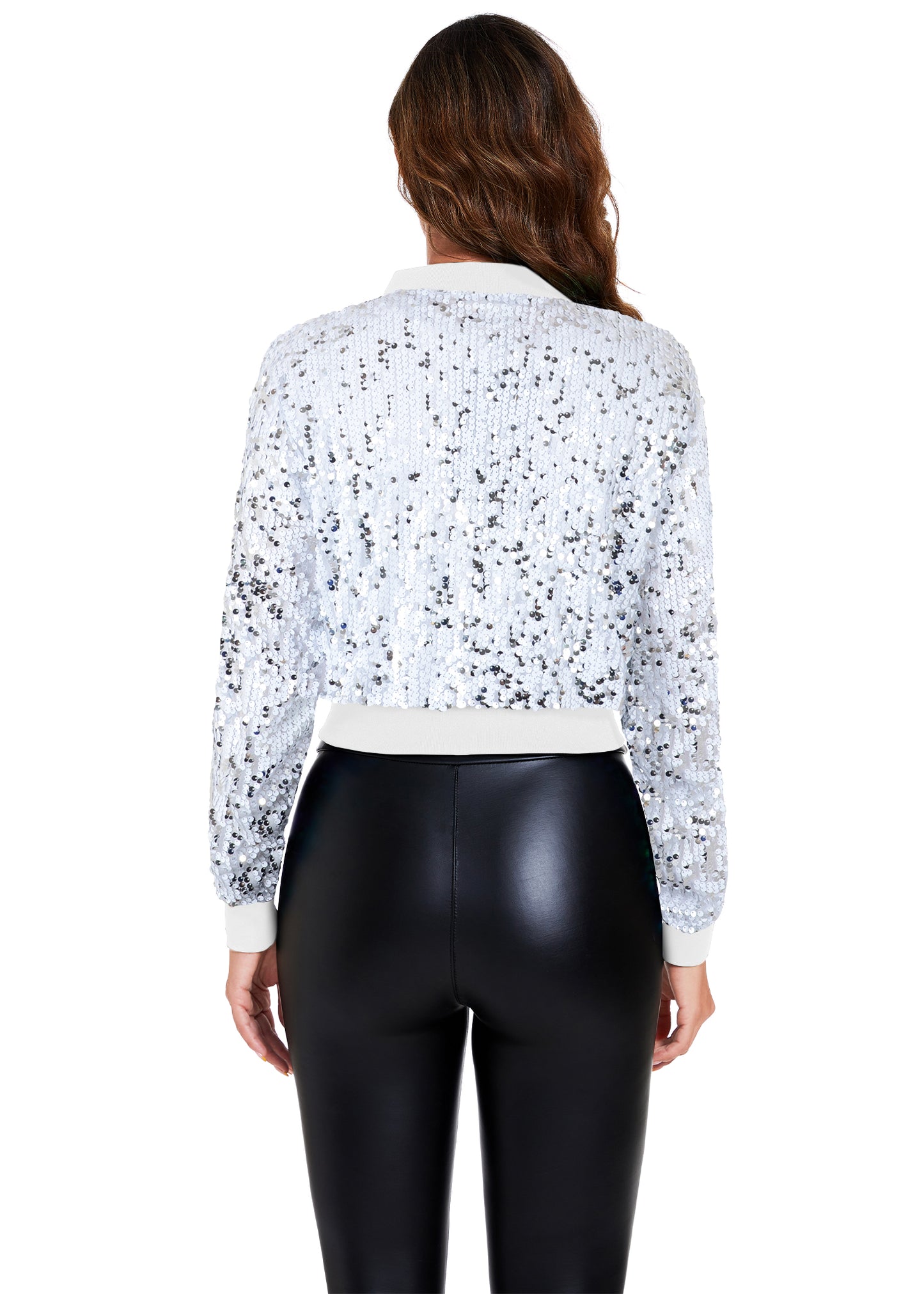 Anna-Kaci Women's Sparkly Sequin Cropped Jacket Long Sleeve Zipper Up Party Club Bomber Jacket