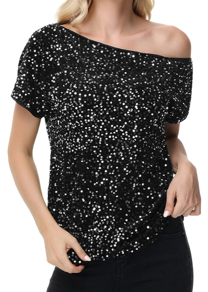 Anna-Kaci Women's Sequin One Shoulder Short Sleeve Top Party Club Sparkle Glitter Concert Tunic Blouse