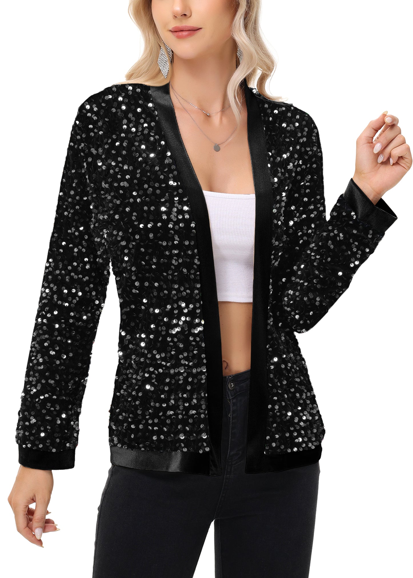 Anna-Kaci Women's Sparkly Sequin Cardigan Long Sleeve Open Front Glitter Party Sequin Blazer Jacket