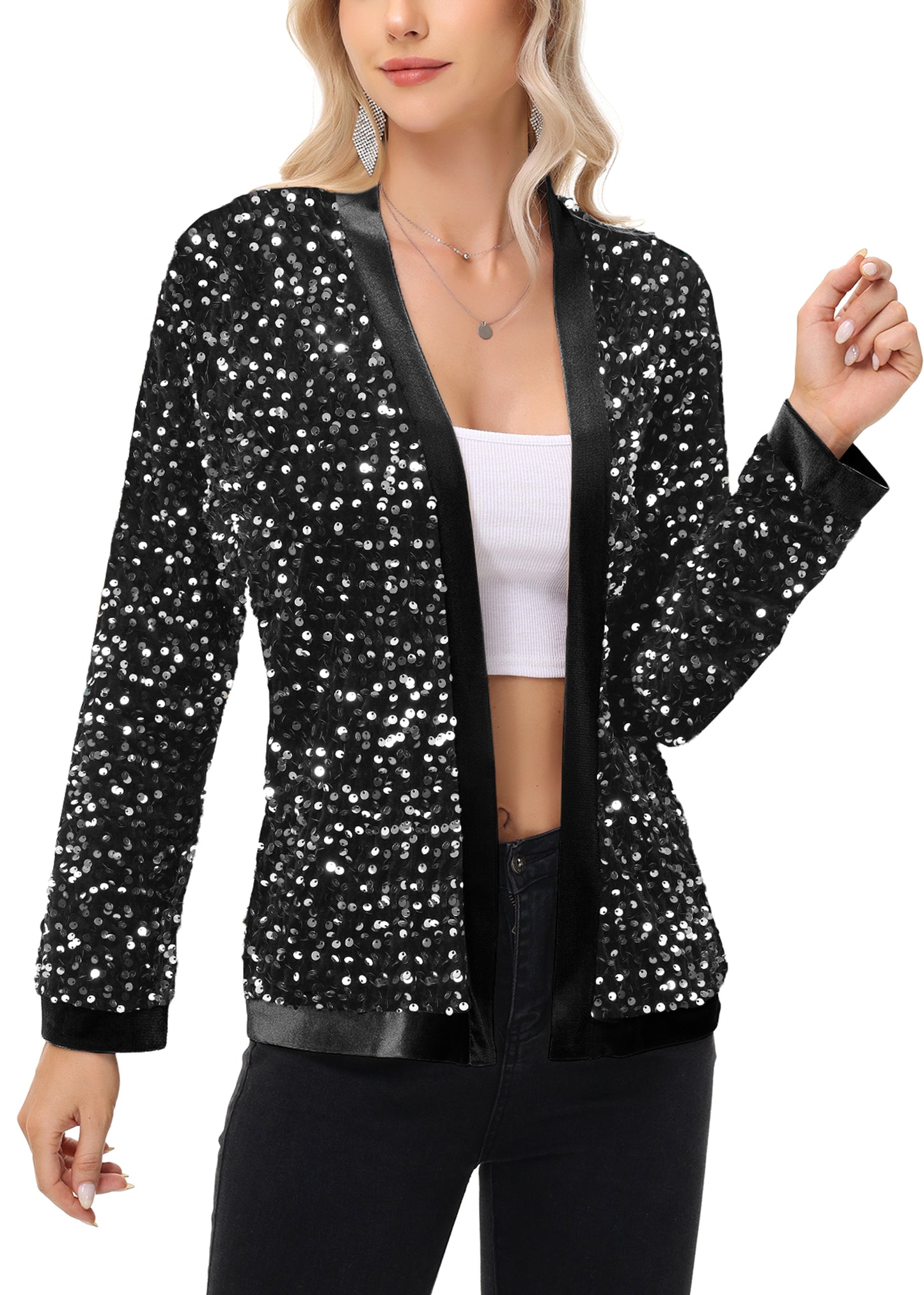 Anna-Kaci Women's Sparkly Sequin Cardigan Long Sleeve Open Front Glitter Party Sequin Blazer Jacket