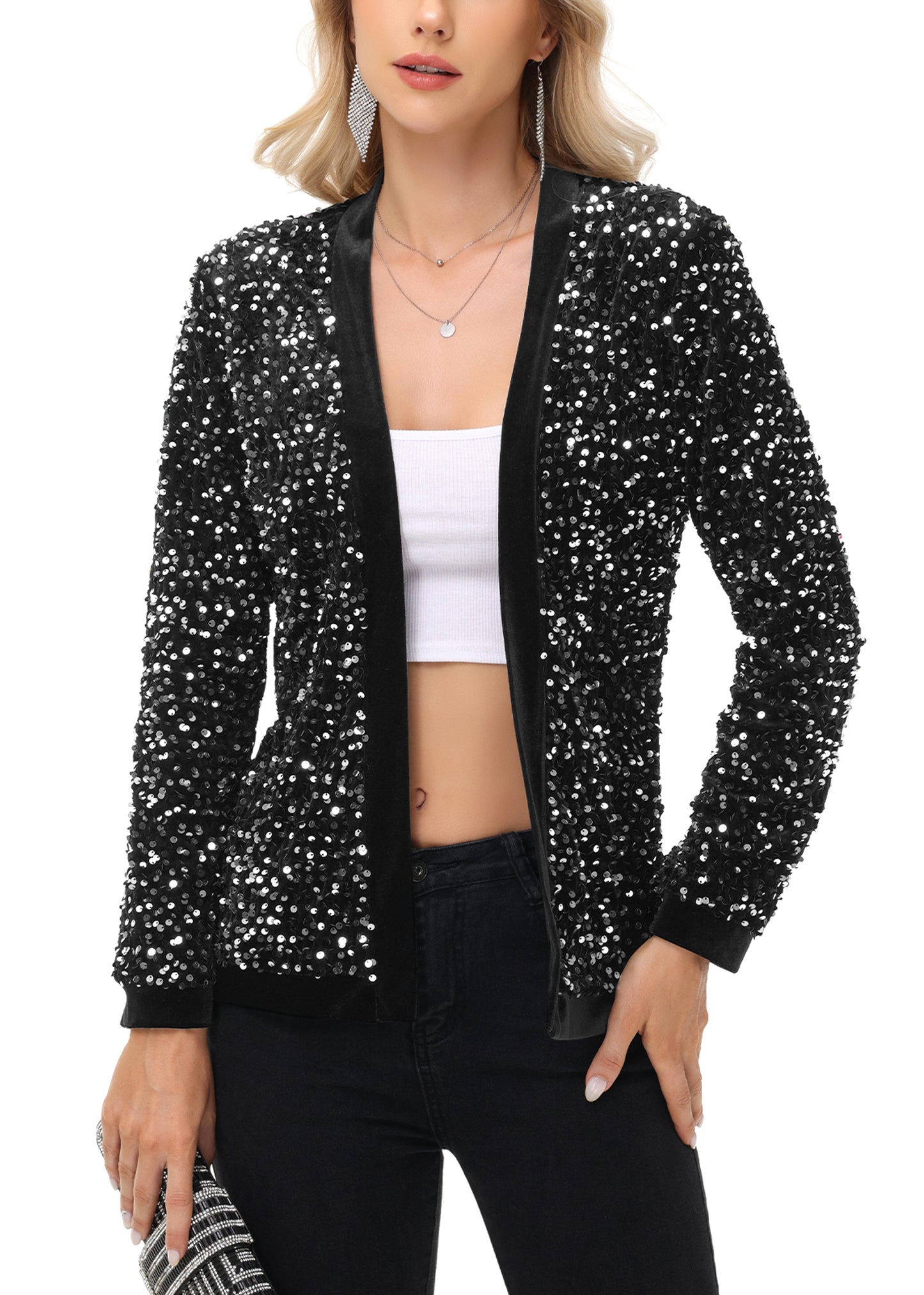 Anna-Kaci Women's Sparkly Sequin Cardigan Long Sleeve Open Front Glitter Party Sequin Blazer Jacket