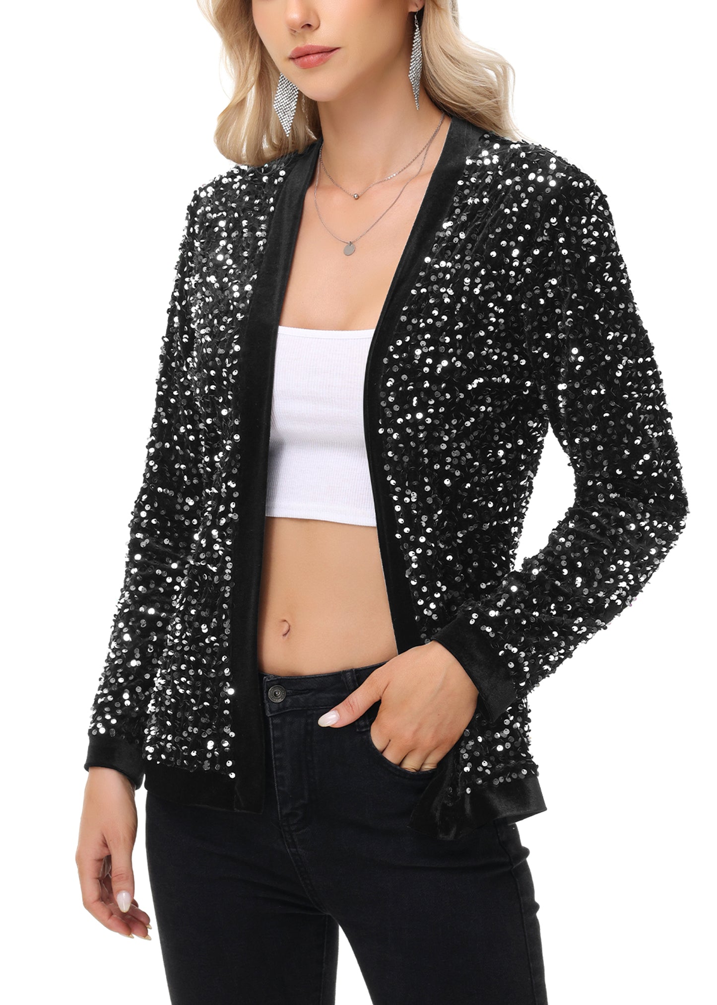 Anna-Kaci Women's Sparkly Sequin Cardigan Long Sleeve Open Front Glitter Party Sequin Blazer Jacket