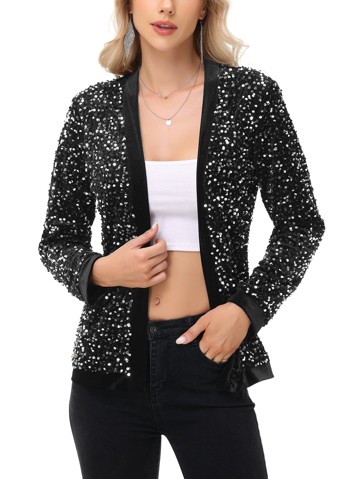 Anna-Kaci Women's Sparkly Sequin Cardigan Long Sleeve Open Front Glitter Party Sequin Blazer Jacket