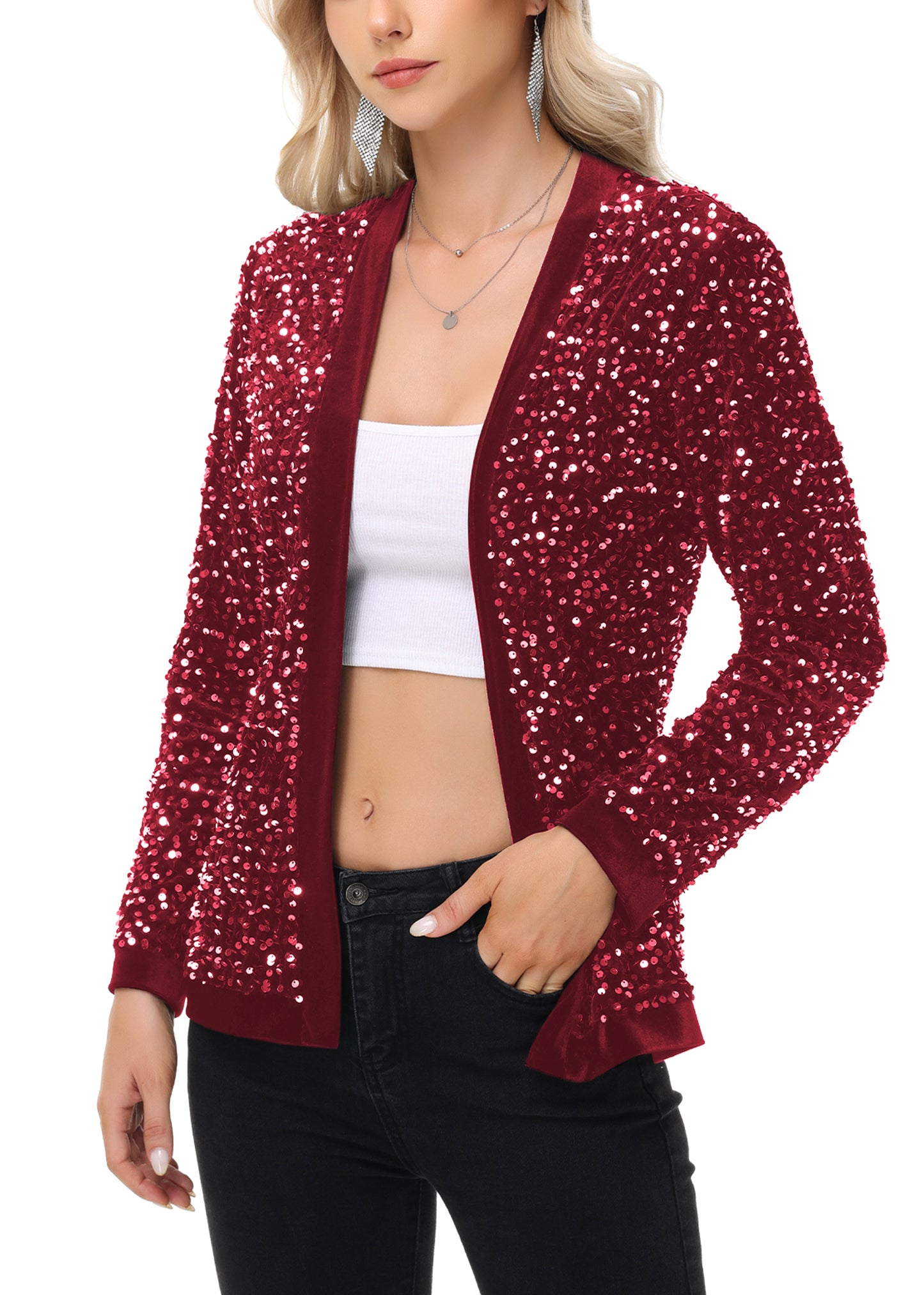 Anna-Kaci Women's Sparkly Sequin Cardigan Long Sleeve Open Front Glitter Party Sequin Blazer Jacket