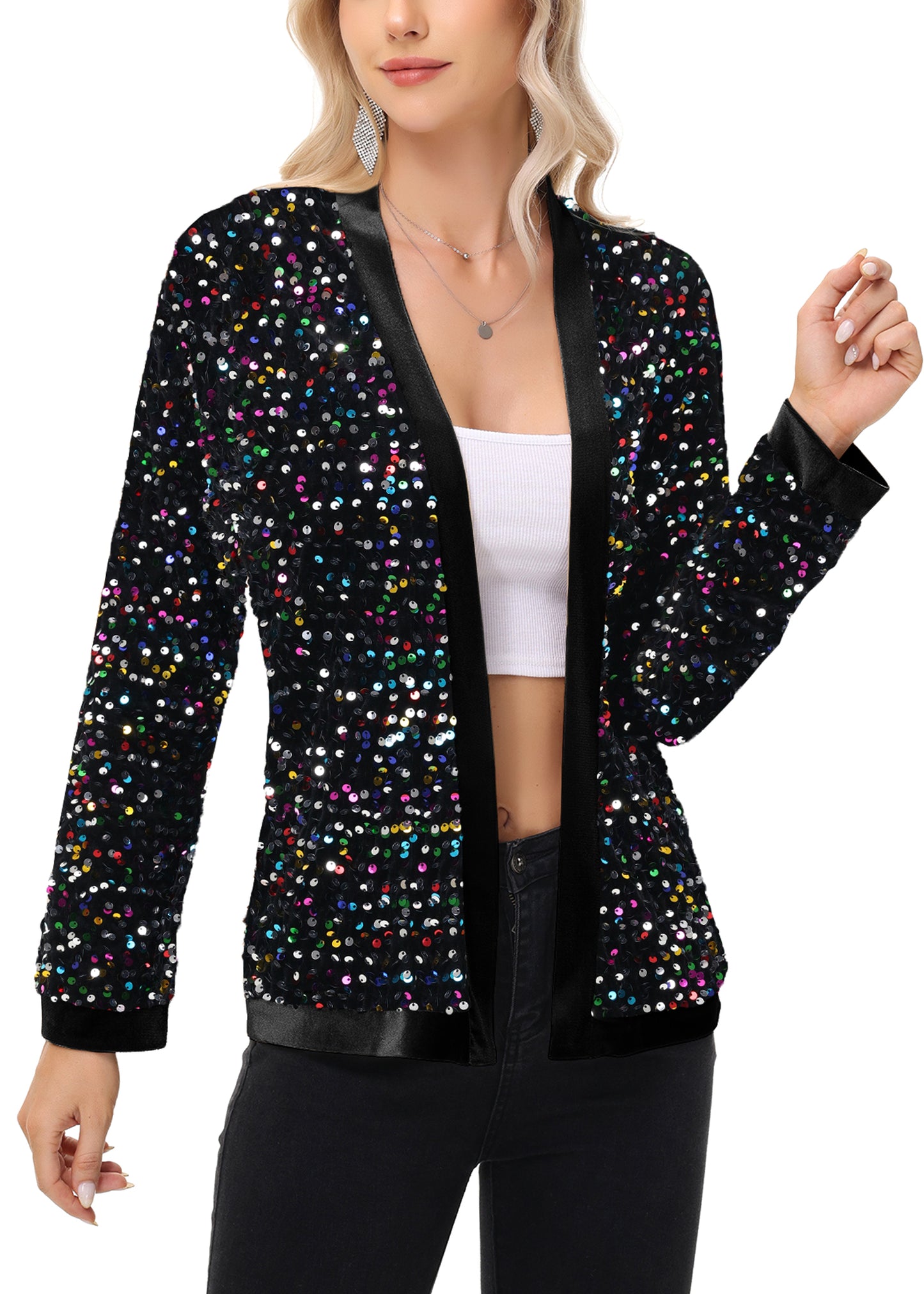 Anna-Kaci Women's Sparkly Sequin Cardigan Long Sleeve Open Front Glitter Party Sequin Blazer Jacket