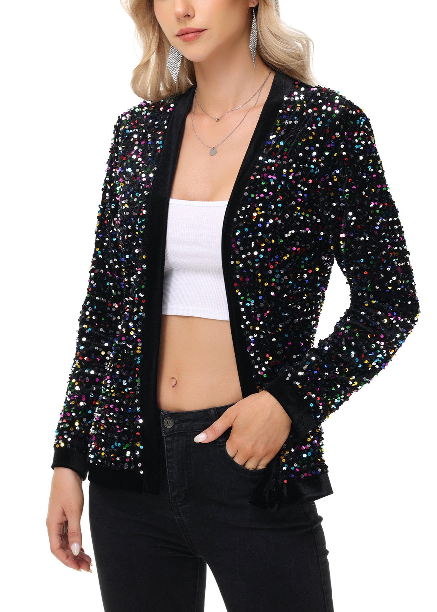 Anna-Kaci Women's Sparkly Sequin Cardigan Long Sleeve Open Front Glitter Party Sequin Blazer Jacket