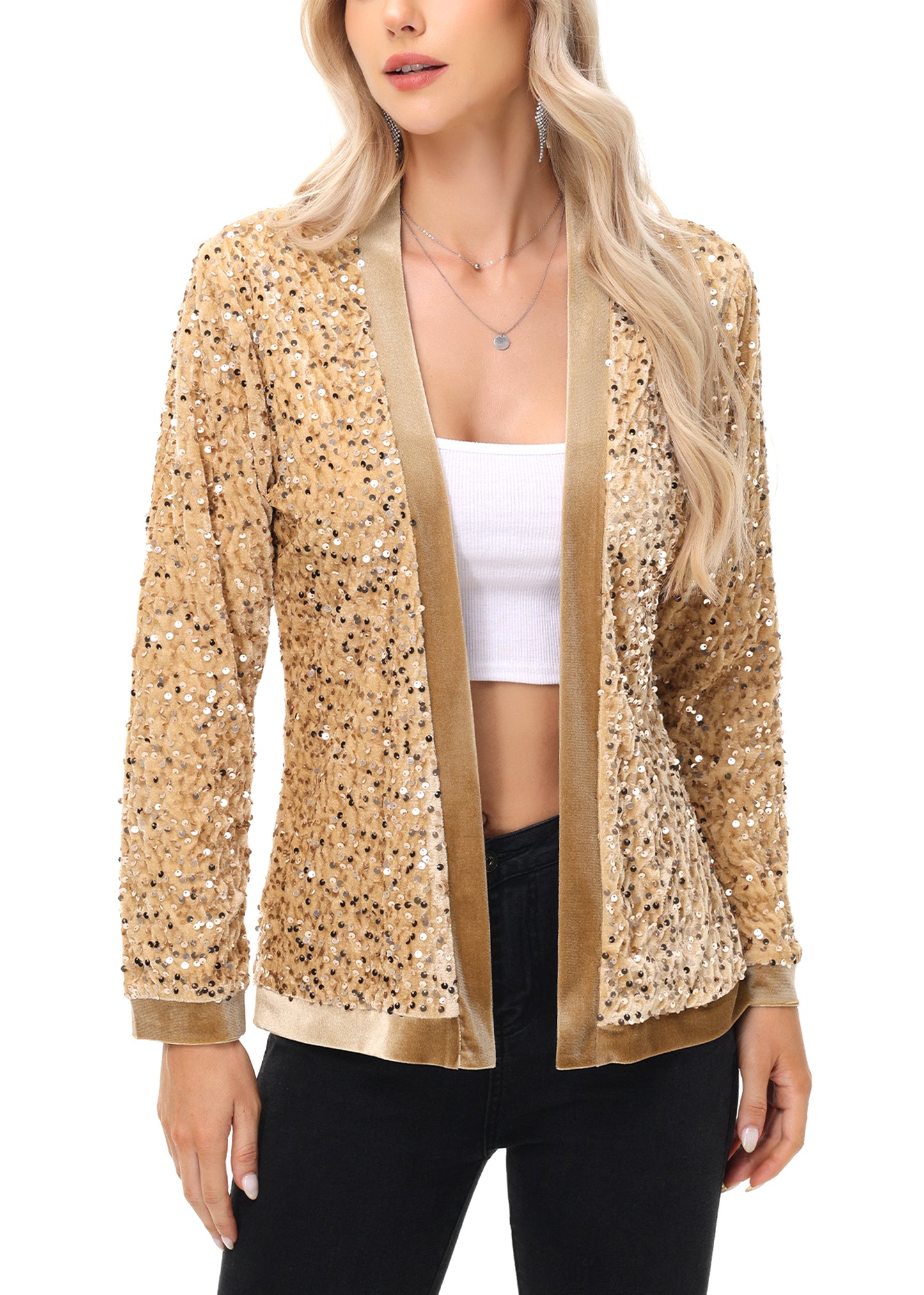 Anna-Kaci Women's Sparkly Sequin Cardigan Long Sleeve Open Front Glitter Party Sequin Blazer Jacket