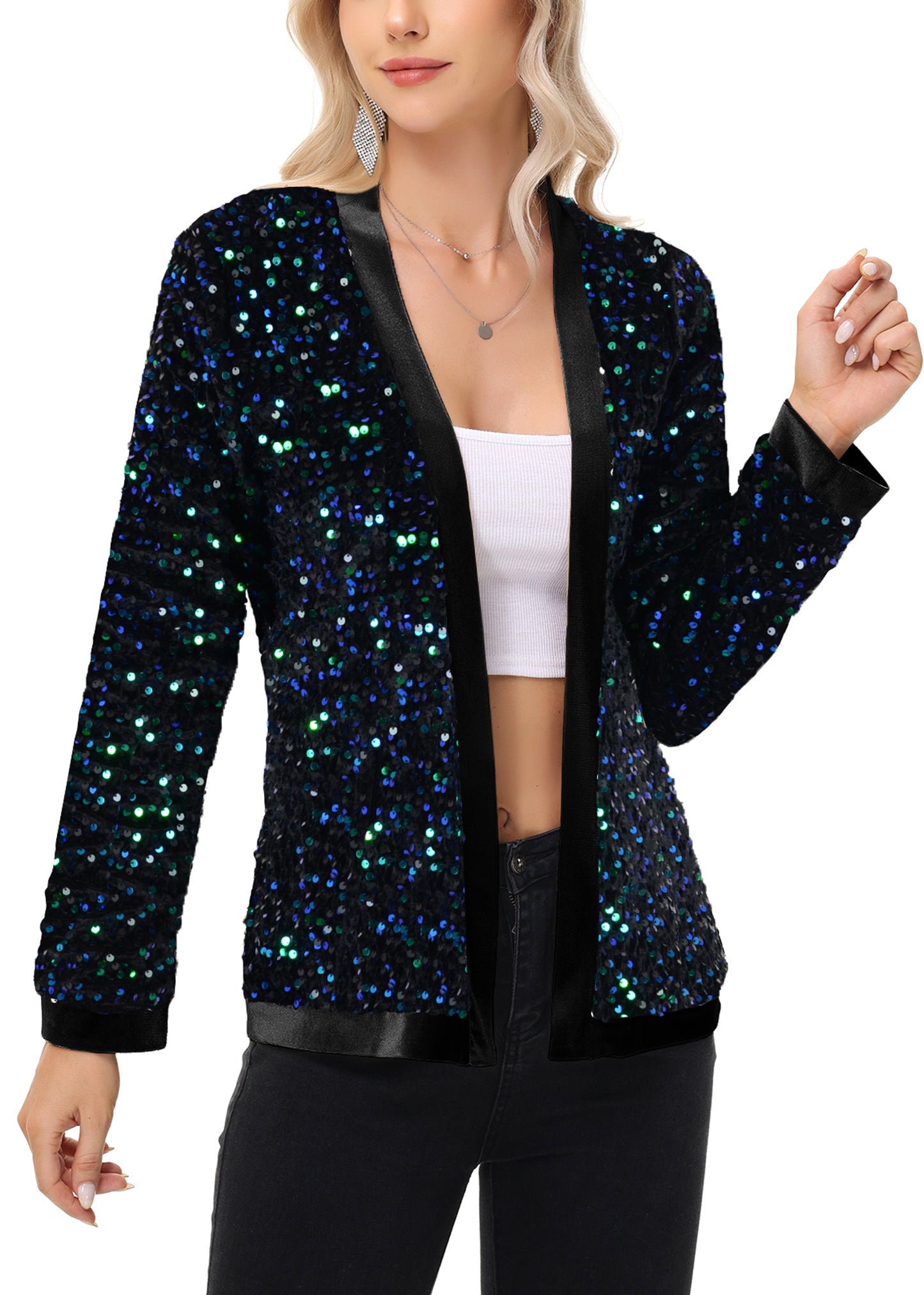 Anna-Kaci Women's Sparkly Sequin Cardigan Long Sleeve Open Front Glitter Party Sequin Blazer Jacket