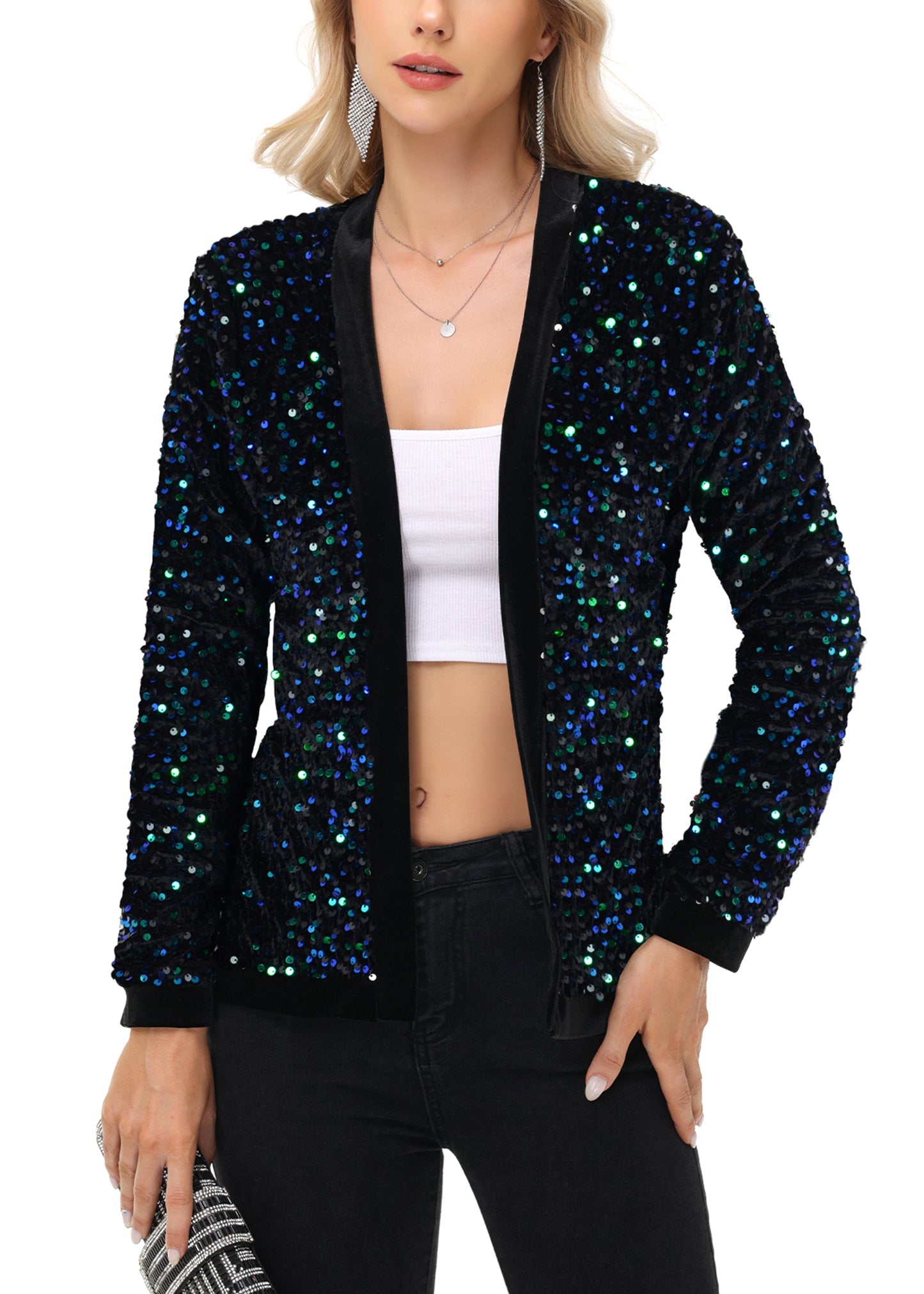 Anna-Kaci Women's Sparkly Sequin Cardigan Long Sleeve Open Front Glitter Party Sequin Blazer Jacket