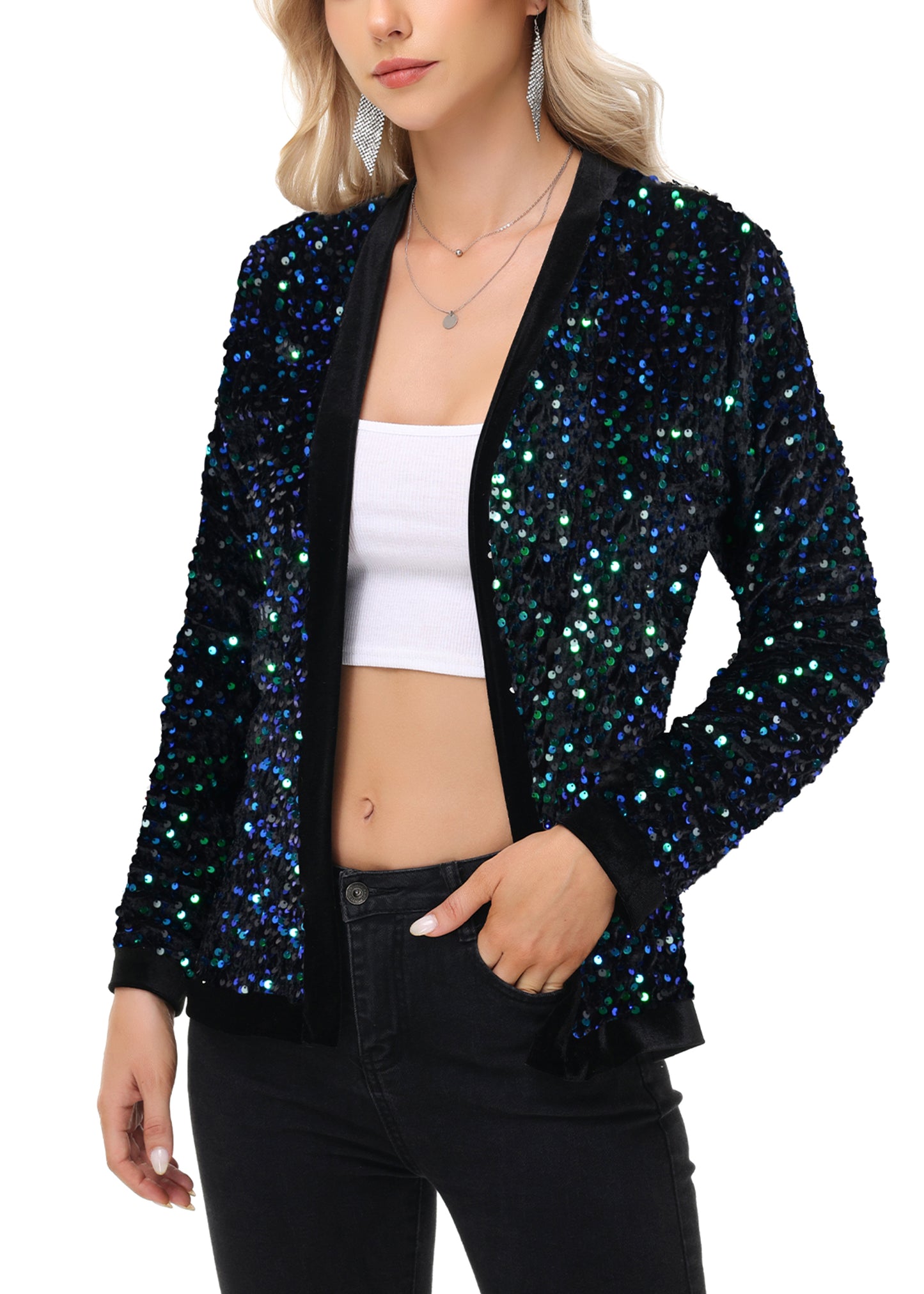 Anna-Kaci Women's Sparkly Sequin Cardigan Long Sleeve Open Front Glitter Party Sequin Blazer Jacket