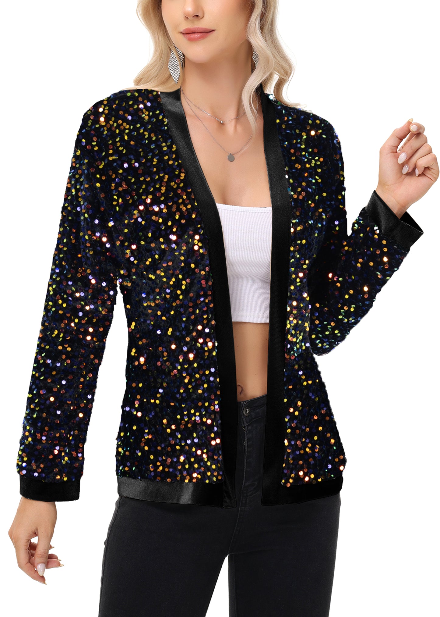 Anna-Kaci Women's Sparkly Sequin Cardigan Long Sleeve Open Front Glitter Party Sequin Blazer Jacket