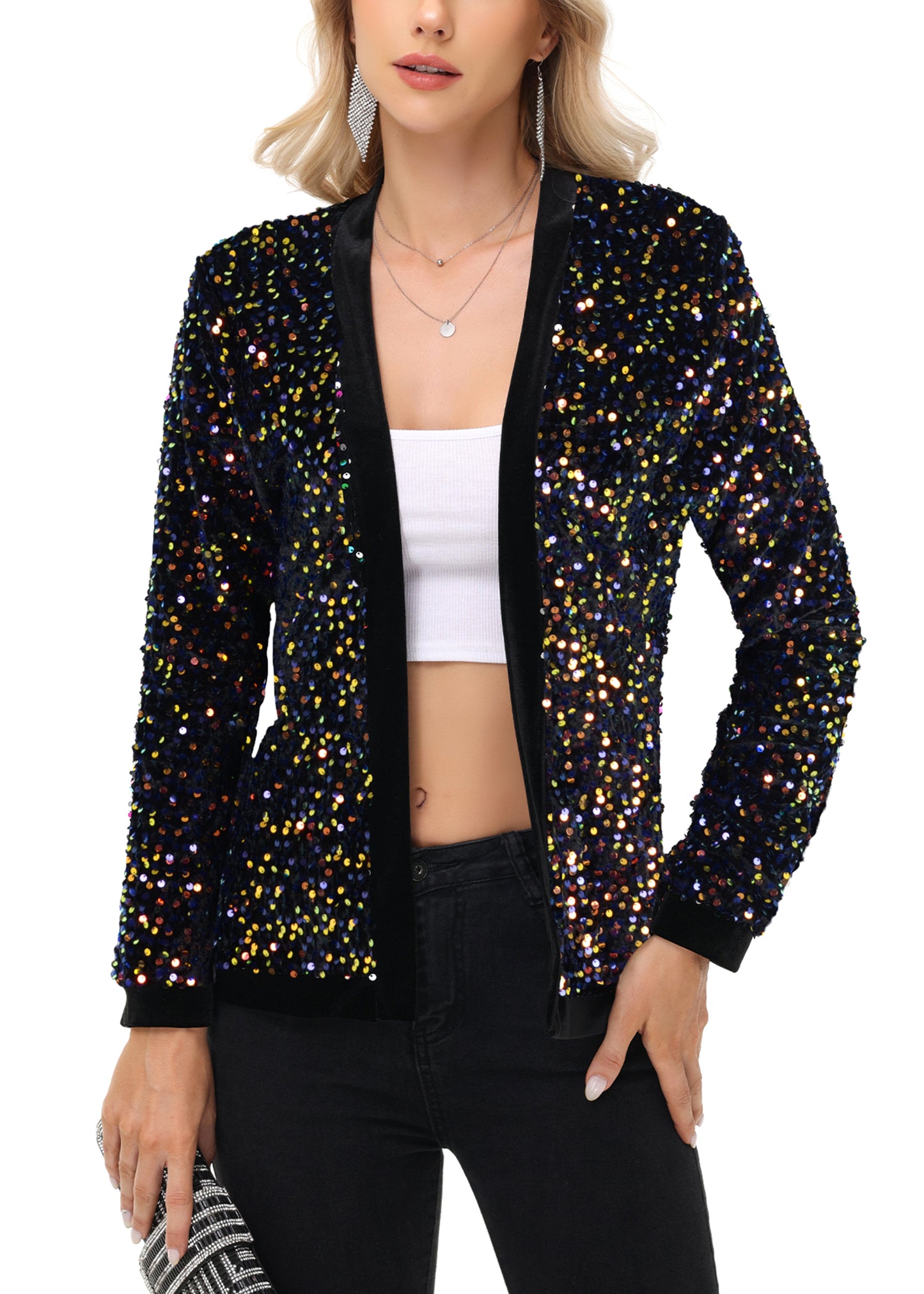 Anna-Kaci Women's Sparkly Sequin Cardigan Long Sleeve Open Front Glitter Party Sequin Blazer Jacket