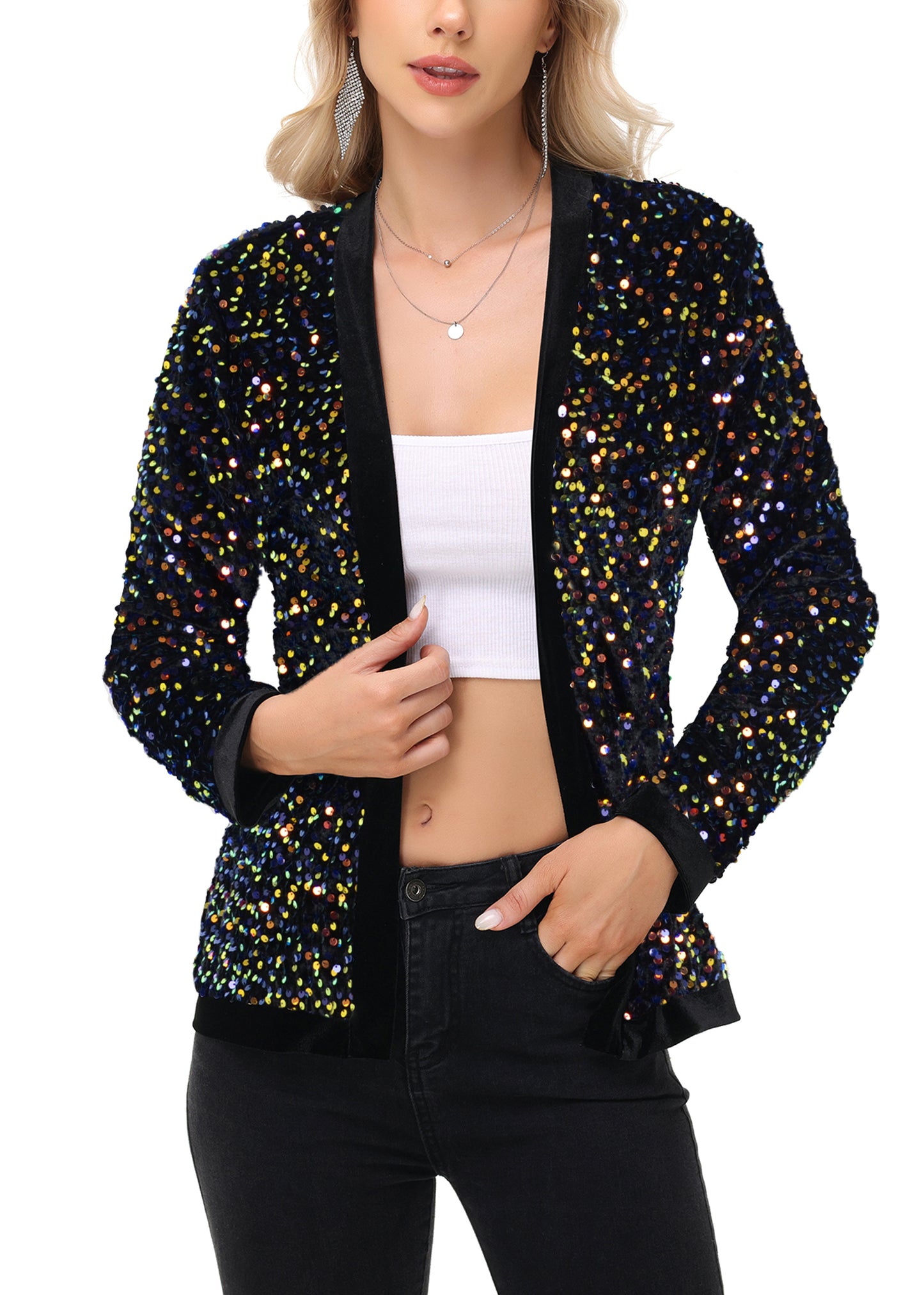 Anna-Kaci Women's Sparkly Sequin Cardigan Long Sleeve Open Front Glitter Party Sequin Blazer Jacket