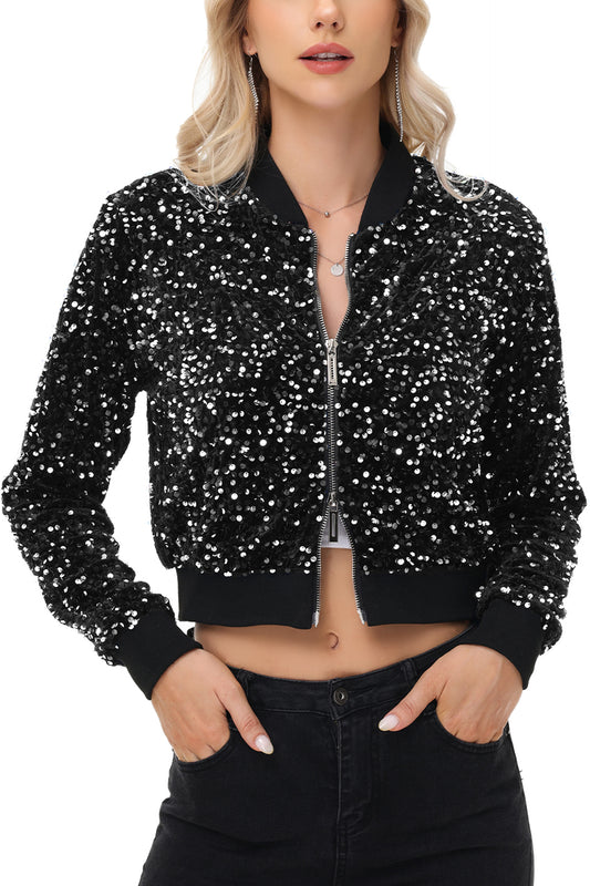 Anna-Kaci Women's Sparkly Sequin Jacket Cropped Two-Way-Zipper Glitter Party Club Bomber Jacket