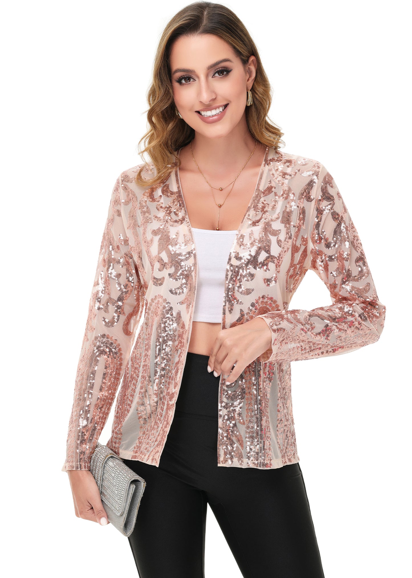 Anna-Kaci Women's Sparkly Sequin Cardigan Long Sleeve Open Front Glitter Party Evening Jacket