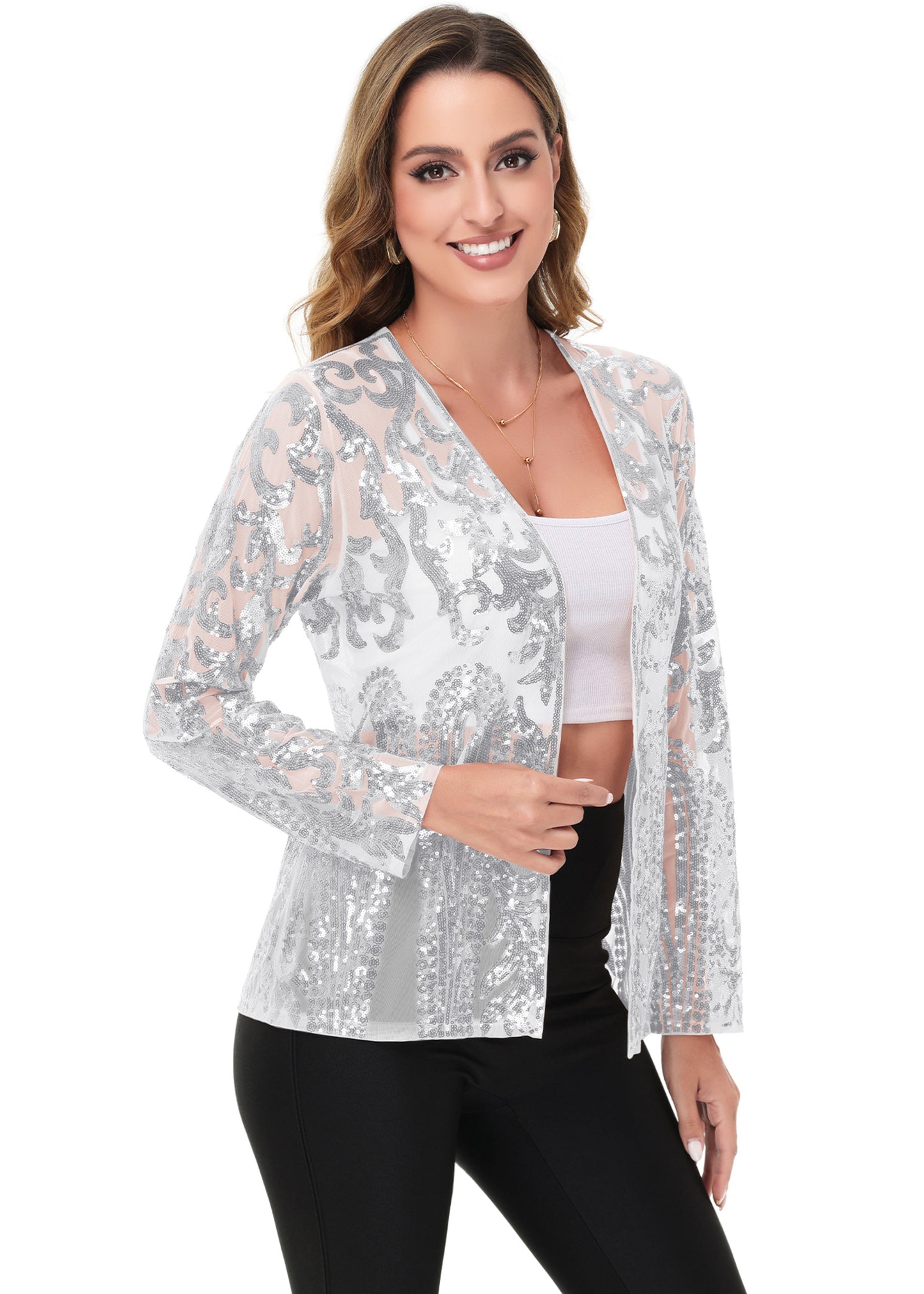 Anna-Kaci Women's Sparkly Sequin Cardigan Long Sleeve Open Front Glitter Party Evening Jacket