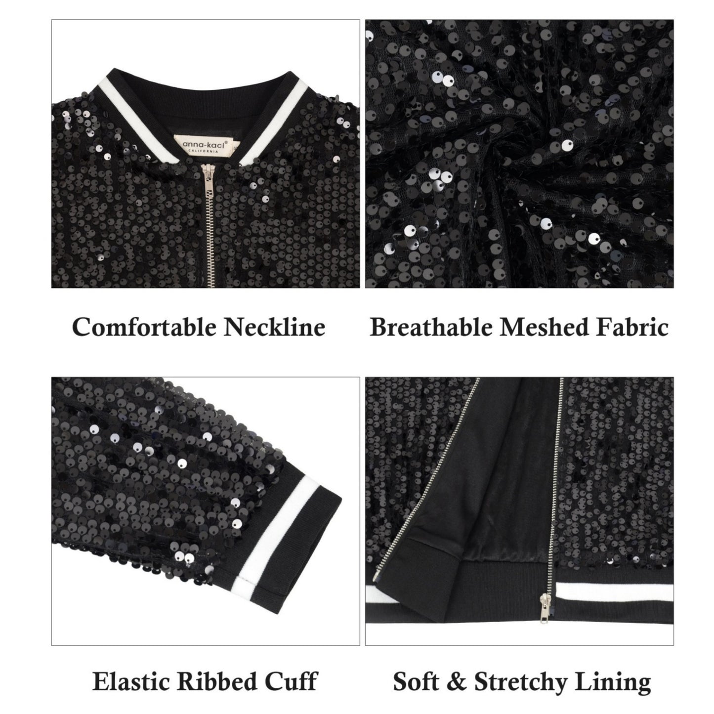 Anna-Kaci Women's Sequin Bomber Jacket with Ribbed Trim and Front Zipper Closure