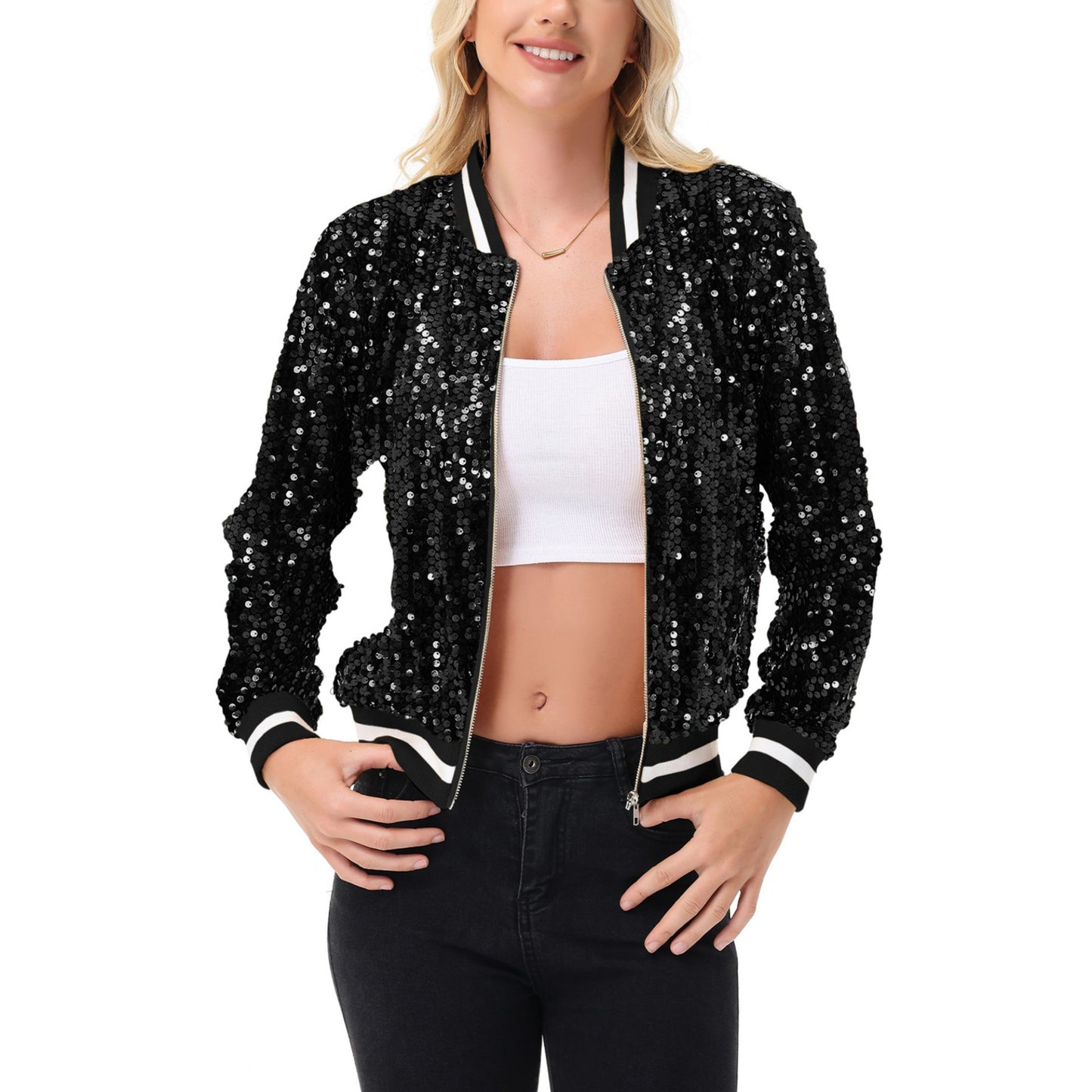 Anna-Kaci Women's Sequin Bomber Jacket with Ribbed Trim and Front Zipper Closure