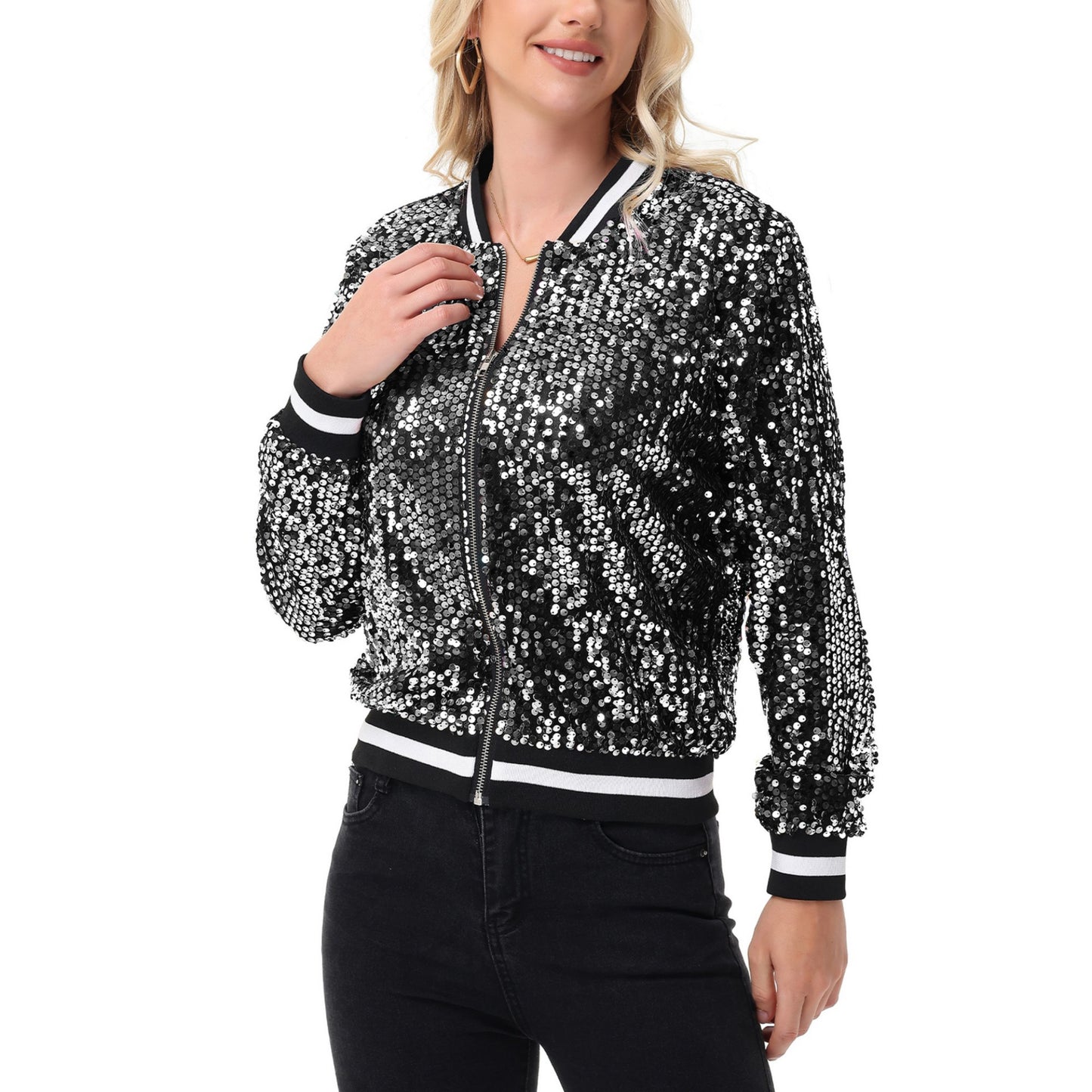 Anna-Kaci Women's Sequin Bomber Jacket with Ribbed Trim and Front Zipper Closure