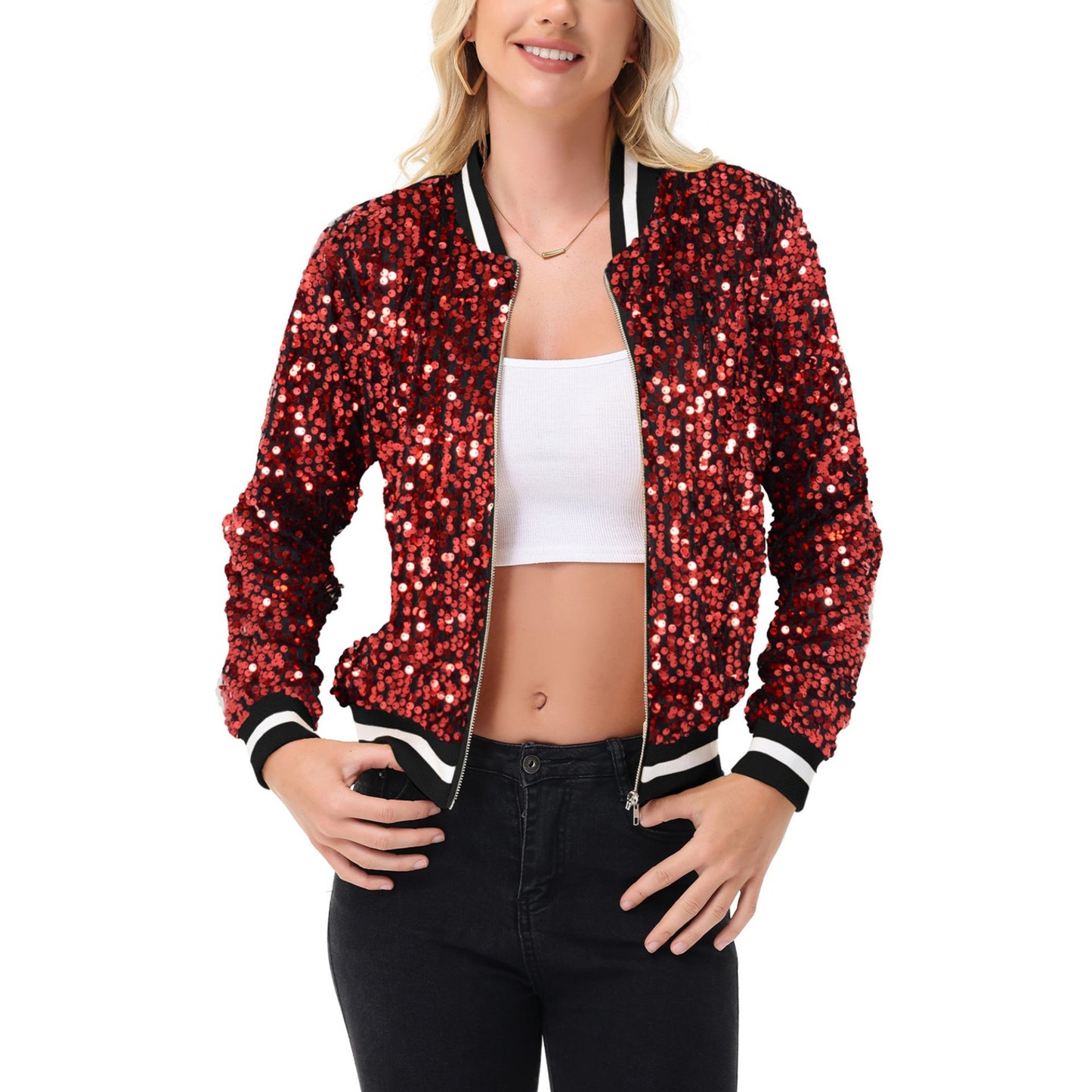 Anna-Kaci Women's Sequin Bomber Jacket with Ribbed Trim and Front Zipper Closure