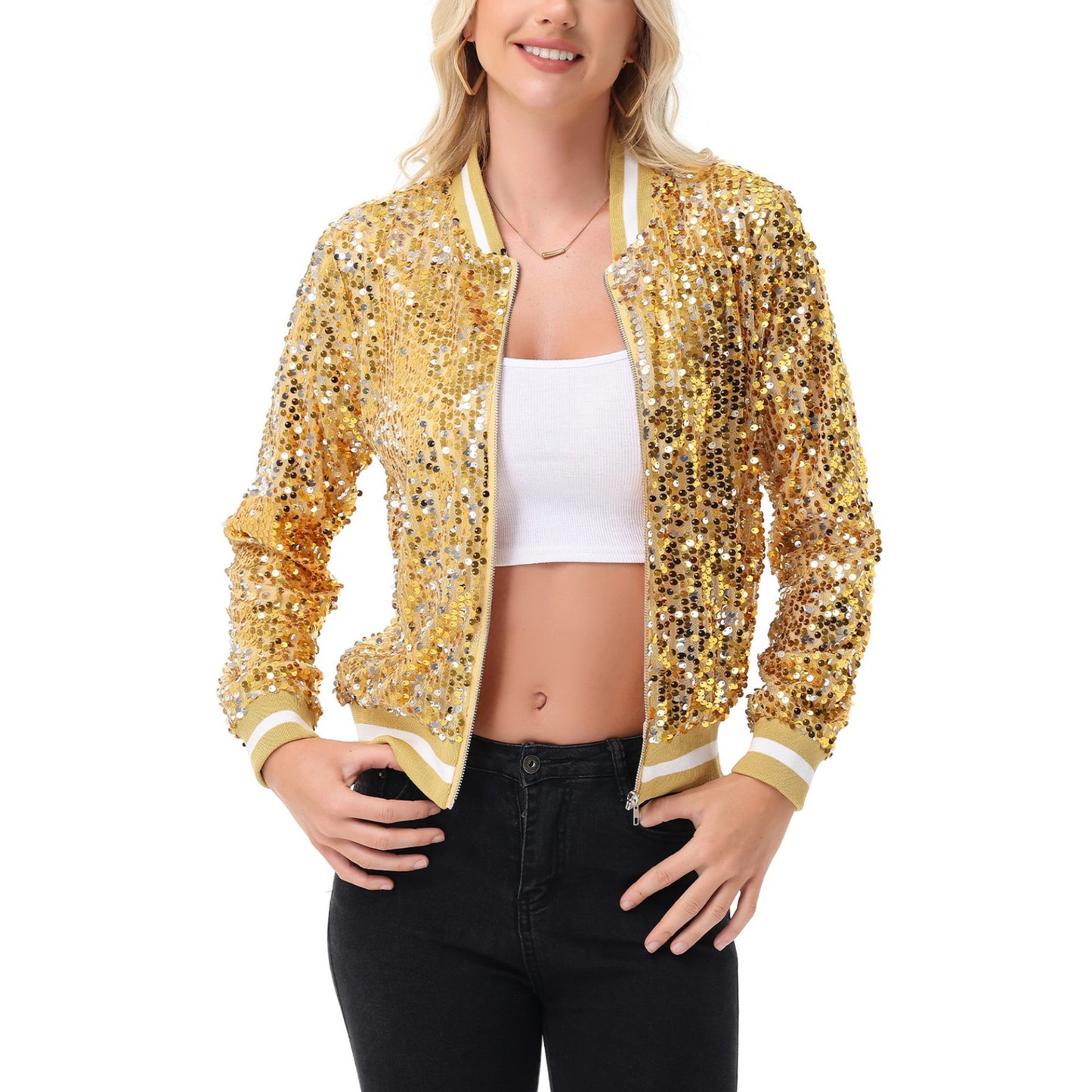 Anna-Kaci Women's Sequin Bomber Jacket with Ribbed Trim and Front Zipper Closure