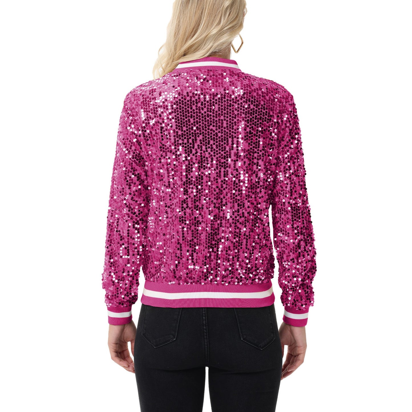 Anna-Kaci Women's Sequin Bomber Jacket with Ribbed Trim and Front Zipper Closure
