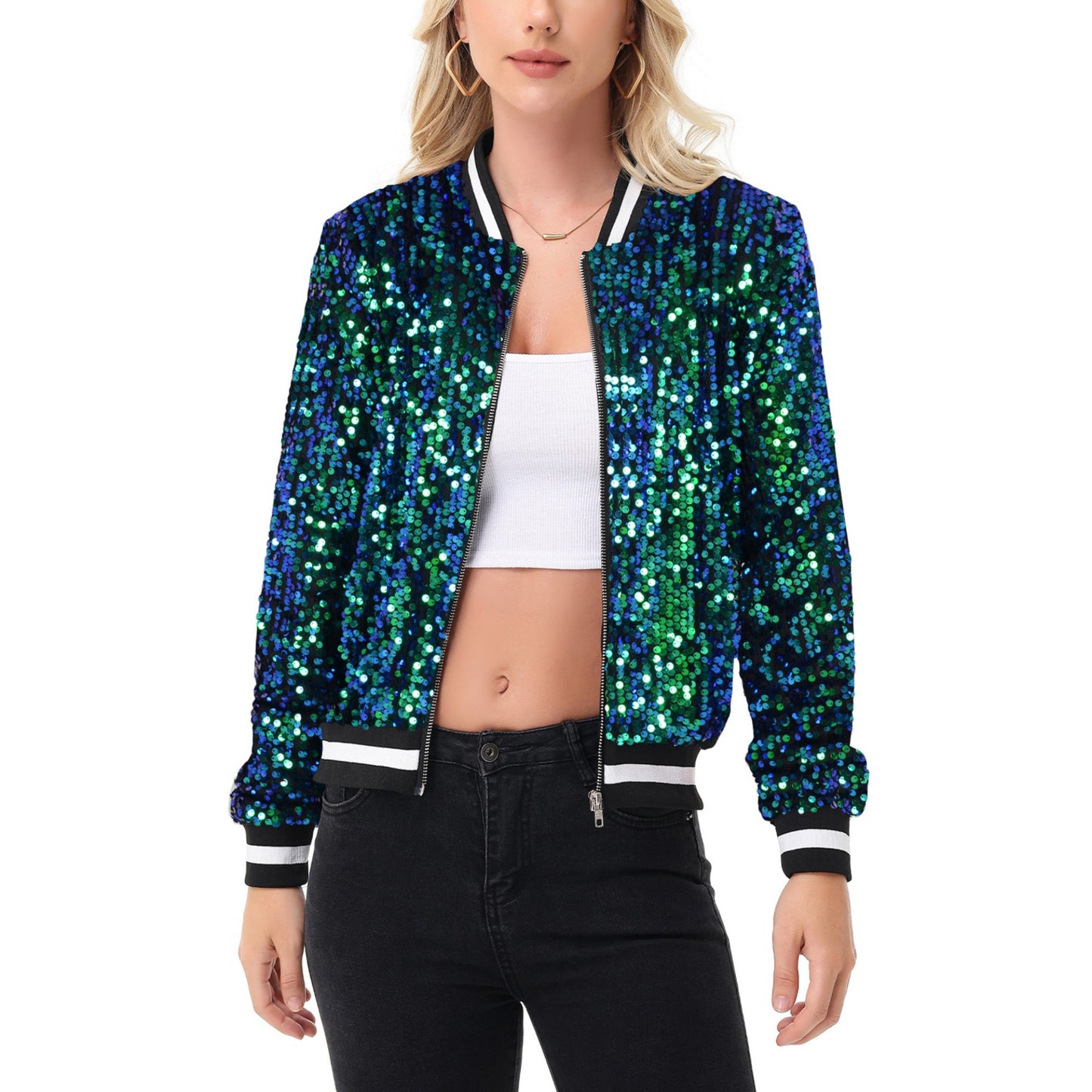 Anna-Kaci Women's Sequin Bomber Jacket with Ribbed Trim and Front Zipper Closure