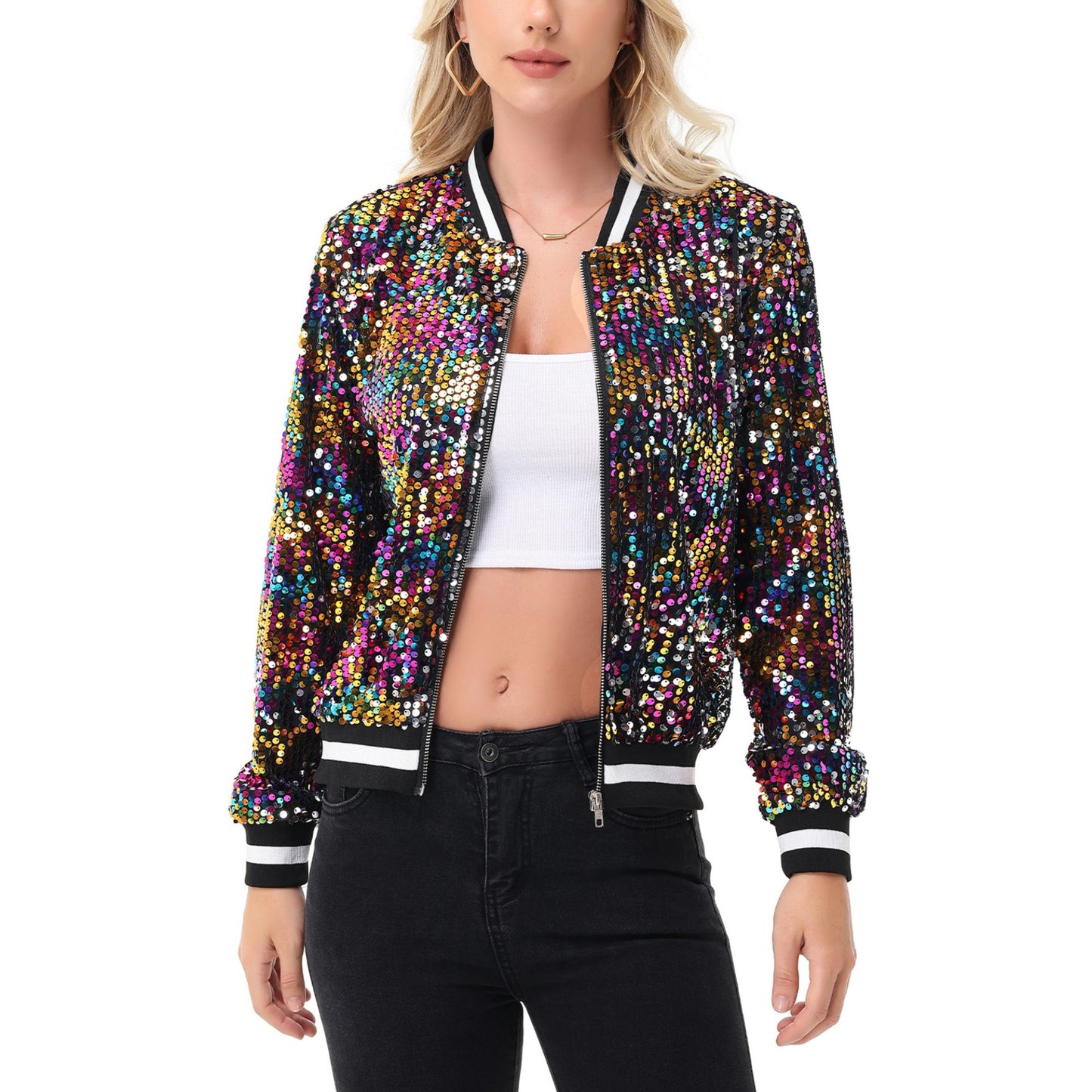 Anna-Kaci Women's Sequin Bomber Jacket with Ribbed Trim and Front Zipper Closure