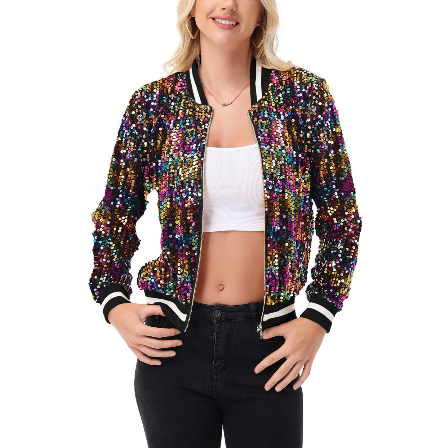 Anna-Kaci Women's Sequin Bomber Jacket with Ribbed Trim and Front Zipper Closure