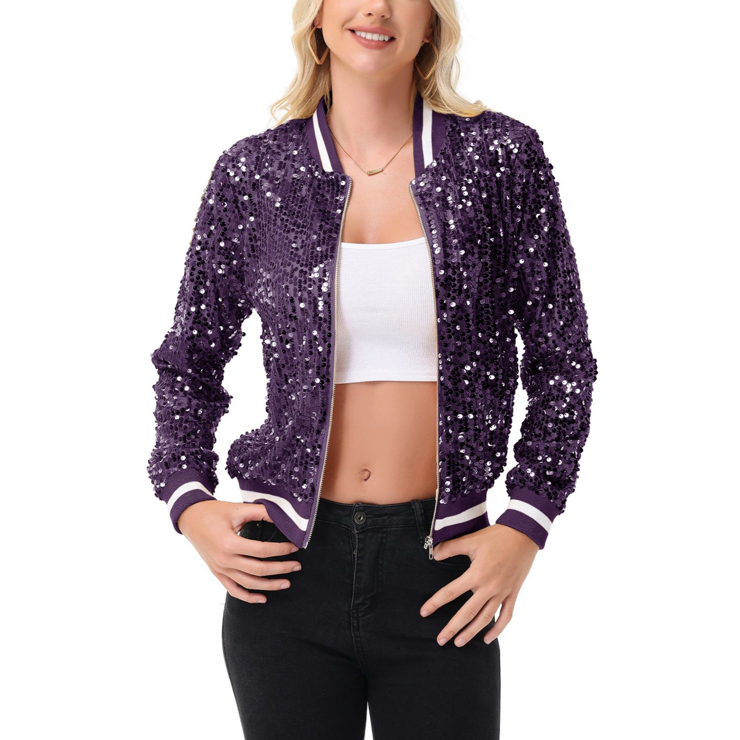 Anna-Kaci Women's Sequin Bomber Jacket with Ribbed Trim and Front Zipper Closure