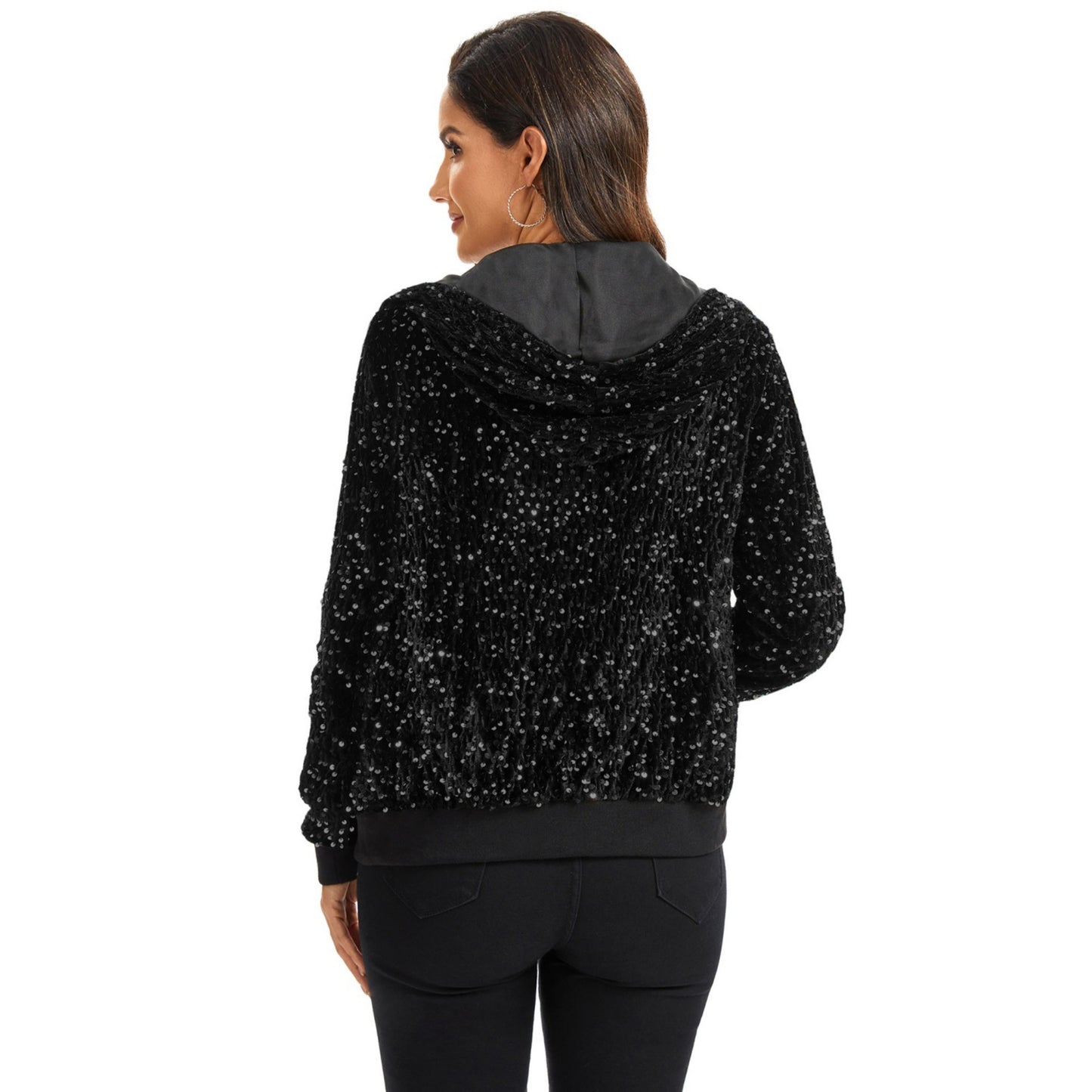 Anna-Kaci Women's Hooded Sequin Jacket with Front Zipper Closure and Ribbed Trim