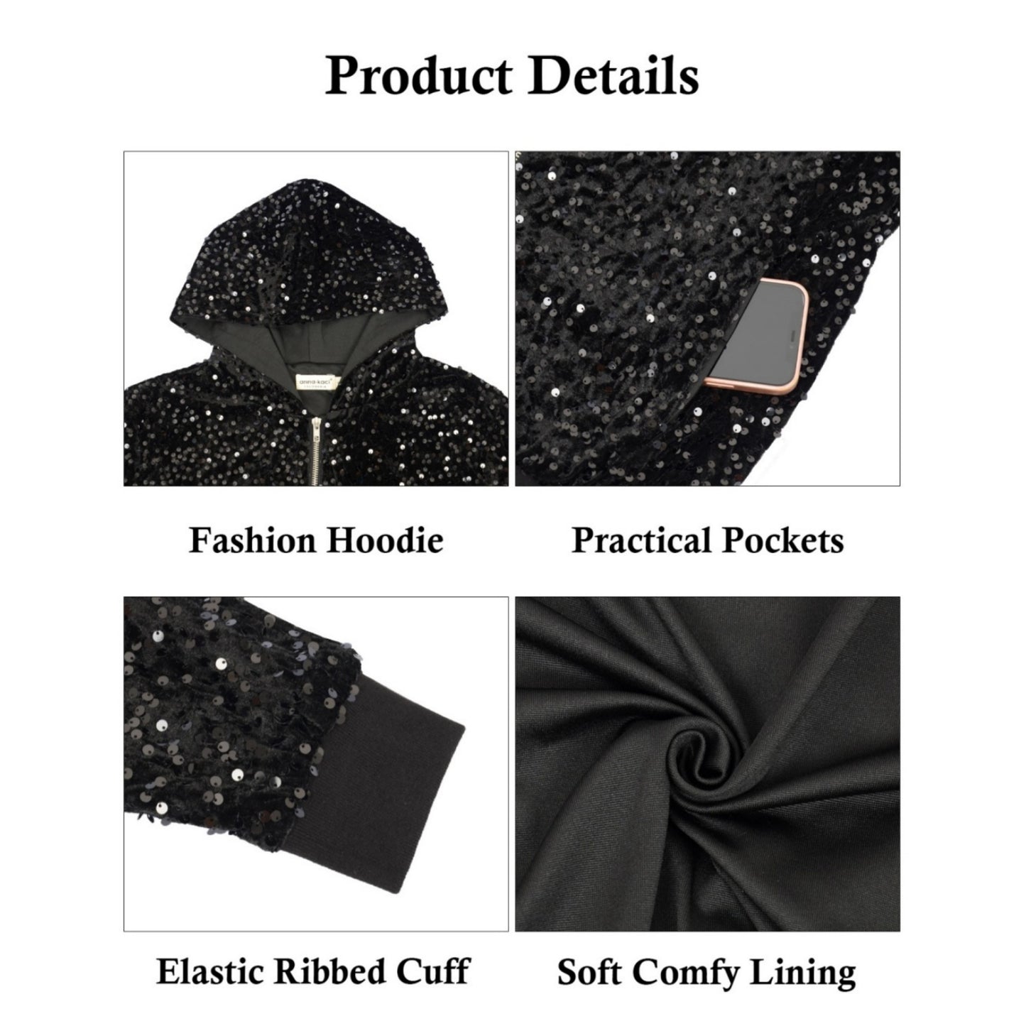 Anna-Kaci Women's Hooded Sequin Jacket with Front Zipper Closure and Ribbed Trim