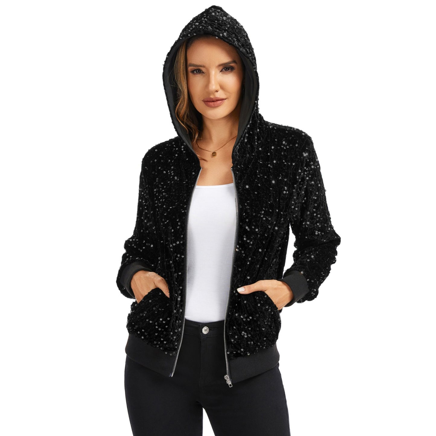 Anna-Kaci Women's Hooded Sequin Jacket with Front Zipper Closure and Ribbed Trim
