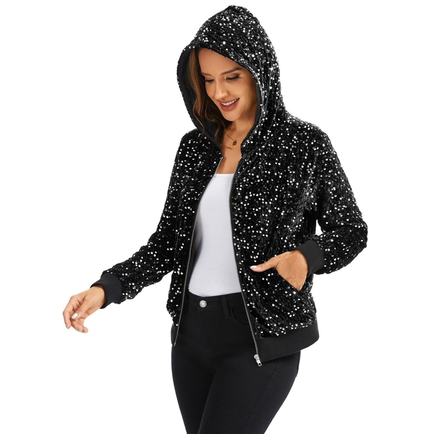 Anna-Kaci Women's Hooded Sequin Jacket with Front Zipper Closure and Ribbed Trim