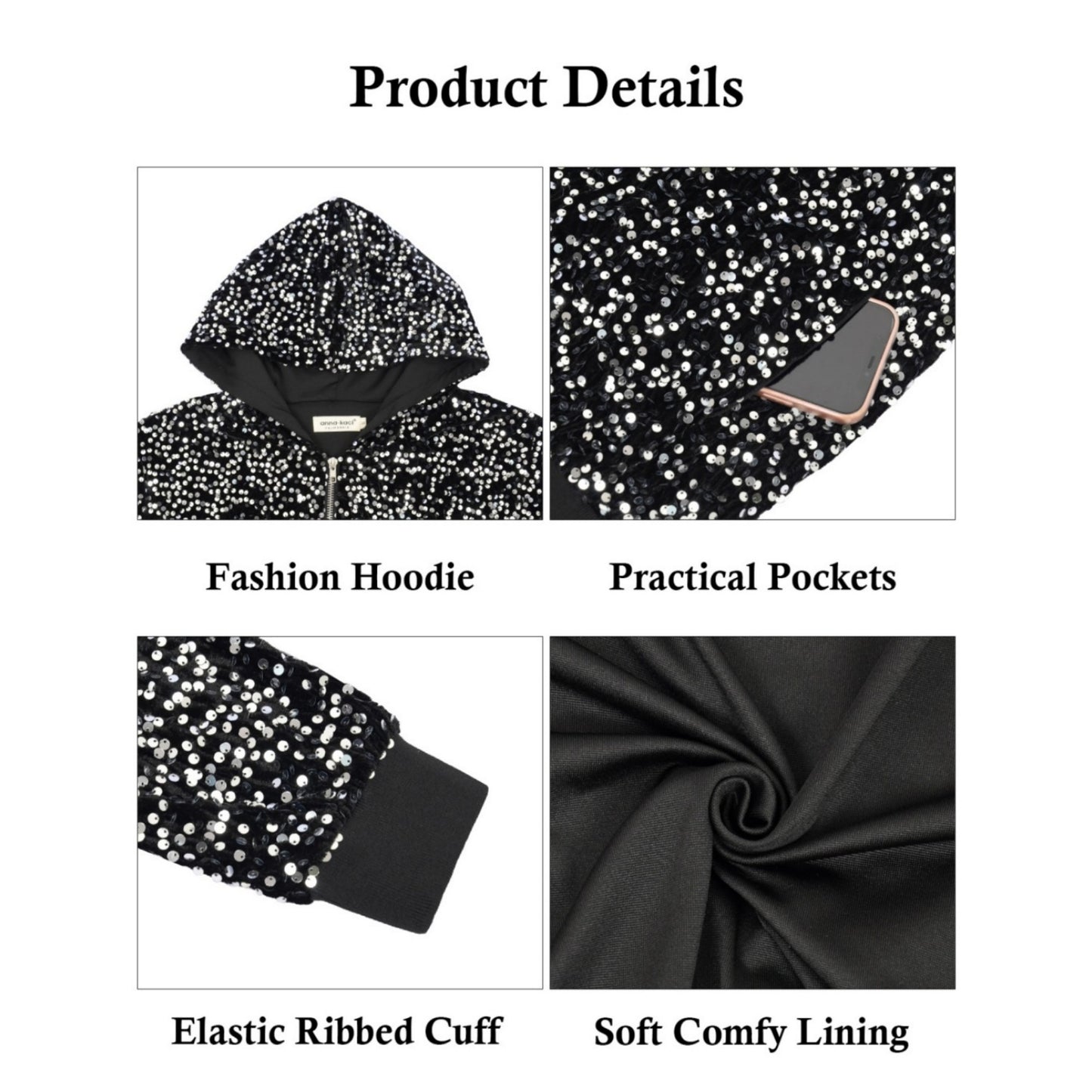 Anna-Kaci Women's Hooded Sequin Jacket with Front Zipper Closure and Ribbed Trim