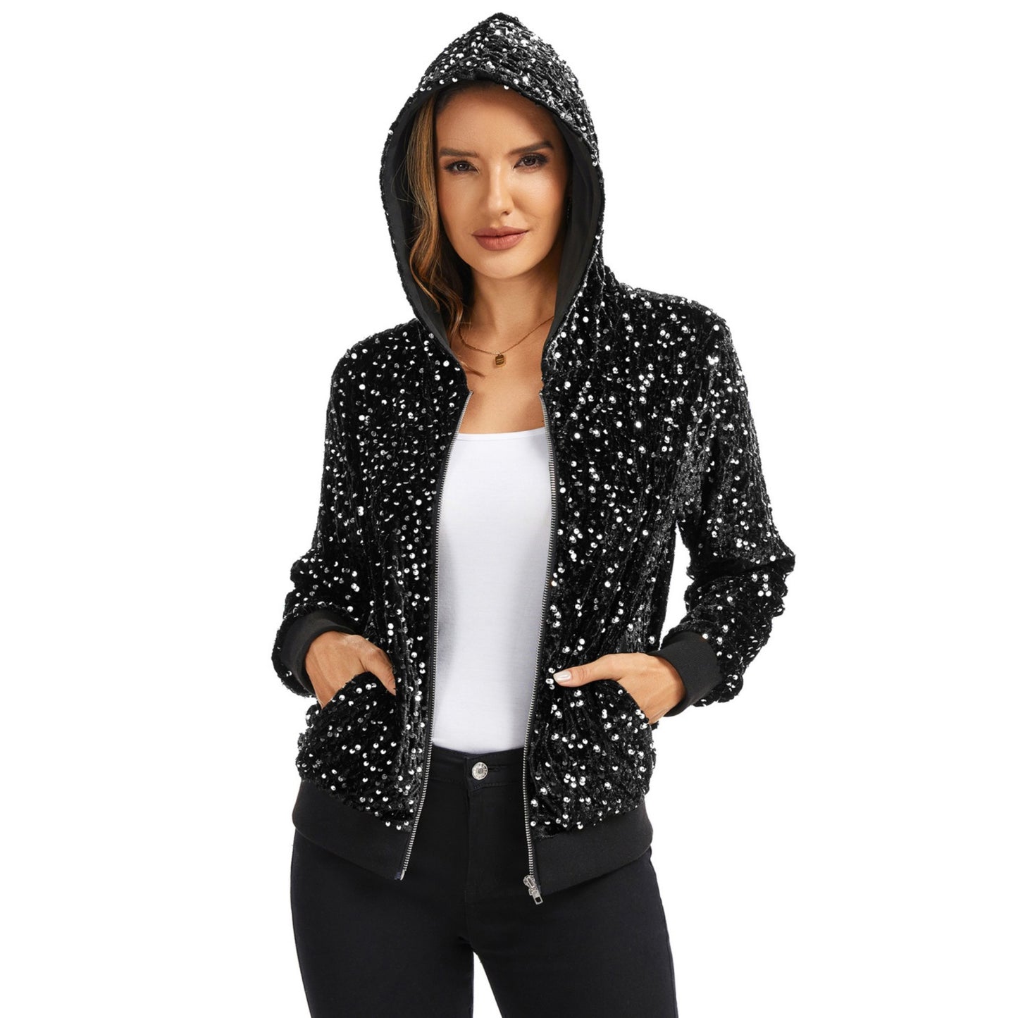 Anna-Kaci Women's Hooded Sequin Jacket with Front Zipper Closure and Ribbed Trim