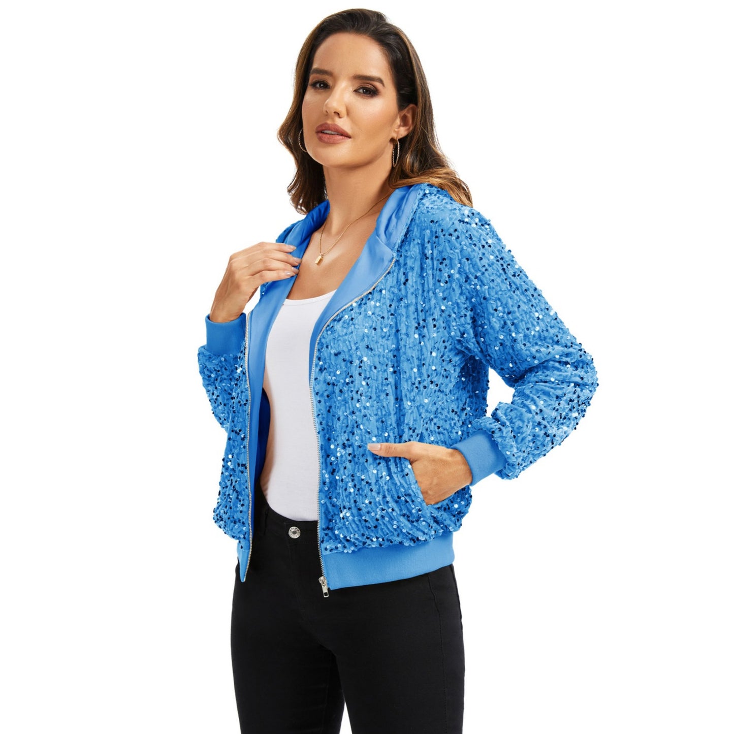 Anna-Kaci Women's Hooded Sequin Jacket with Front Zipper Closure and Ribbed Trim