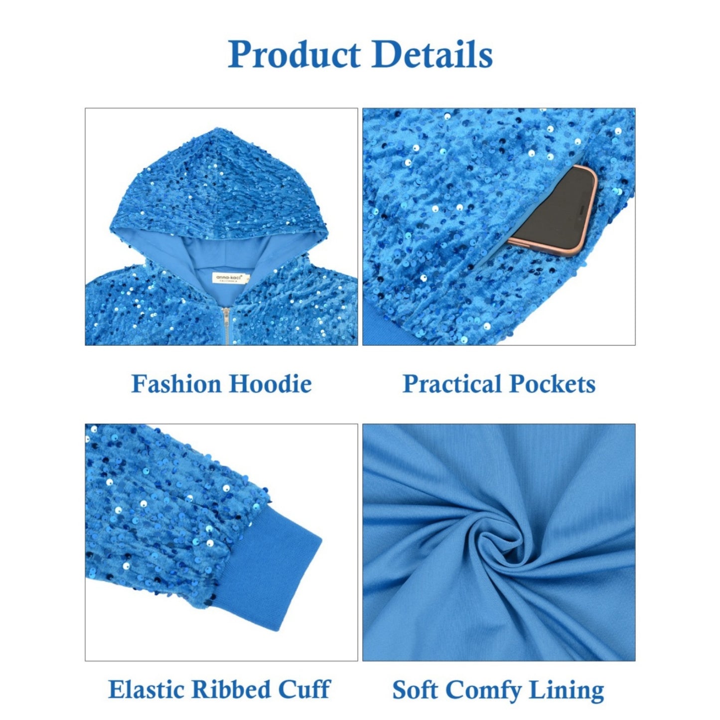 Anna-Kaci Women's Hooded Sequin Jacket with Front Zipper Closure and Ribbed Trim