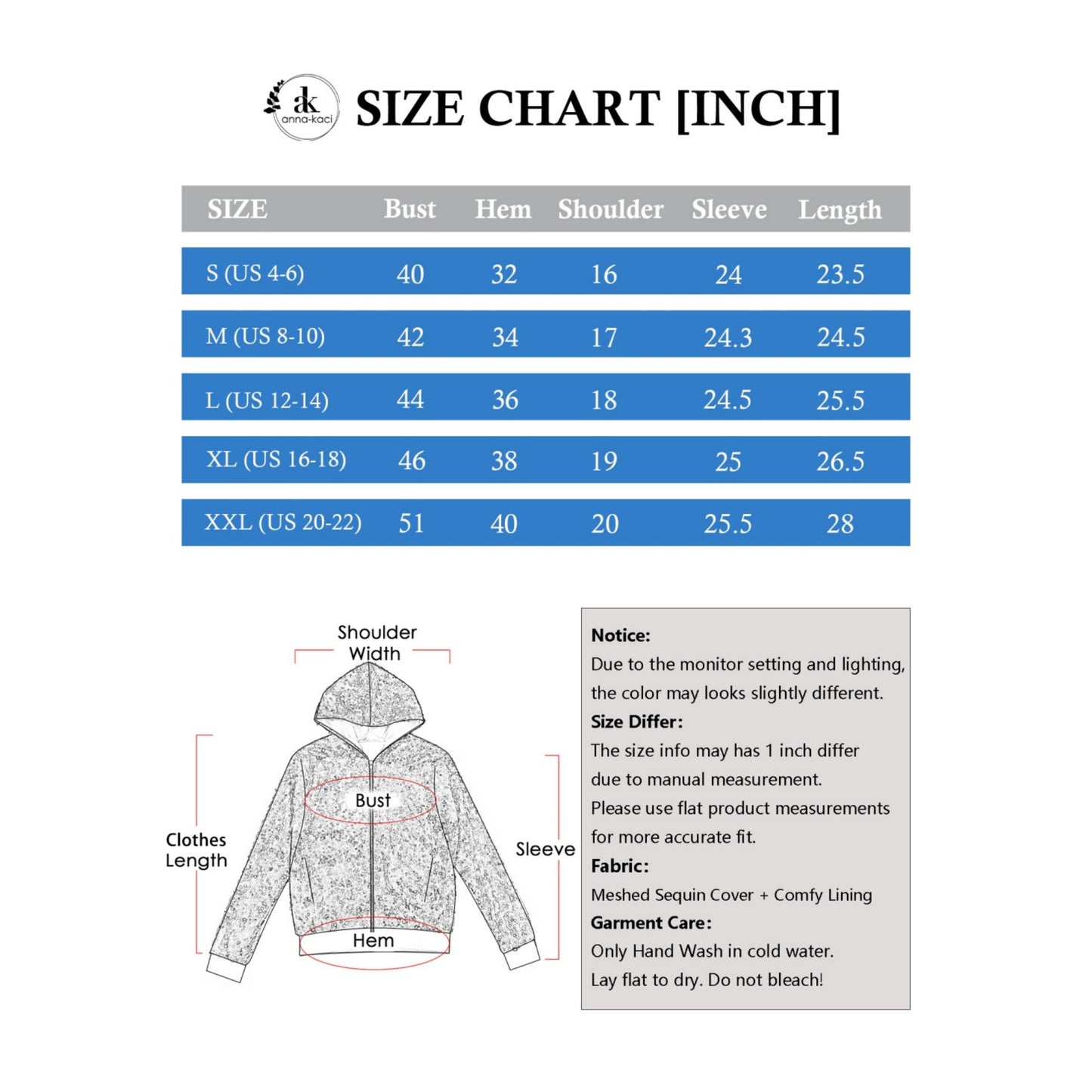 Anna-Kaci Women's Hooded Sequin Jacket with Front Zipper Closure and Ribbed Trim