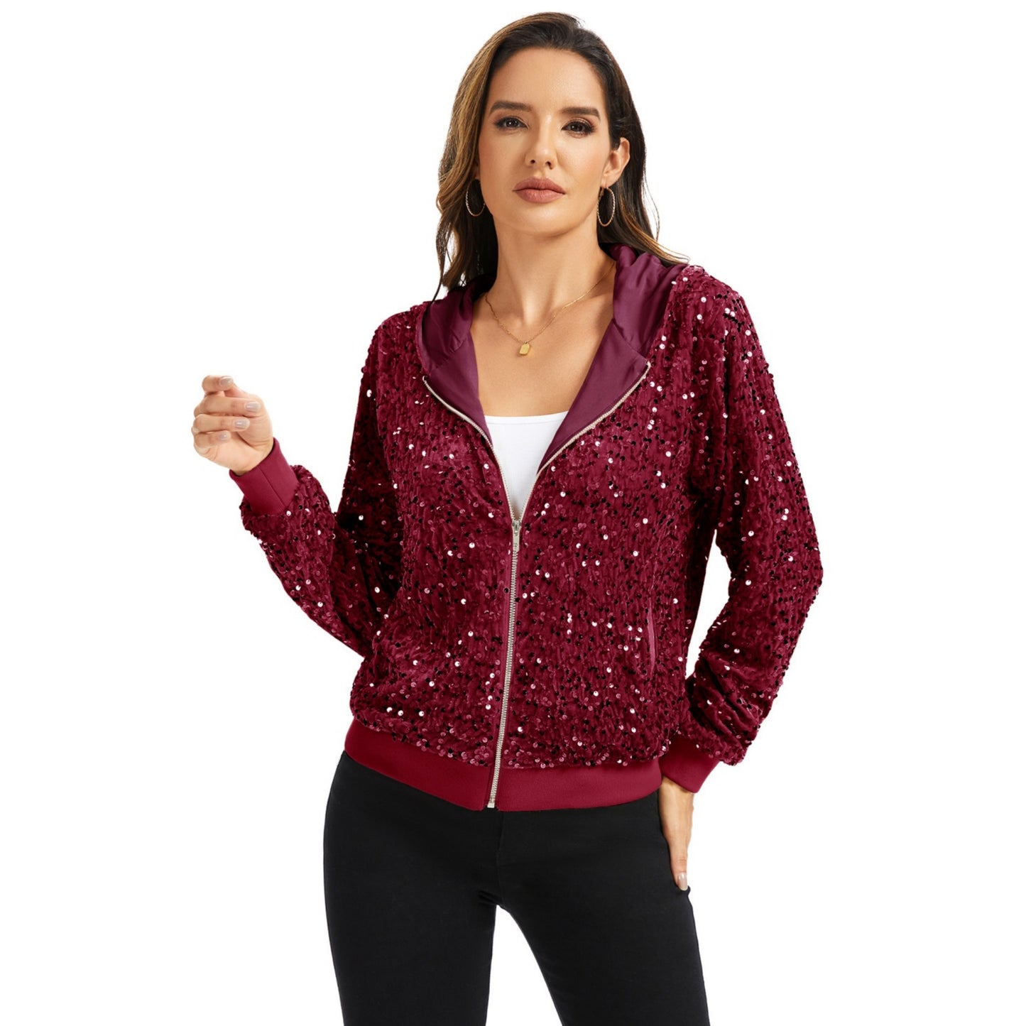 Anna-Kaci Women's Hooded Sequin Jacket with Front Zipper Closure and Ribbed Trim