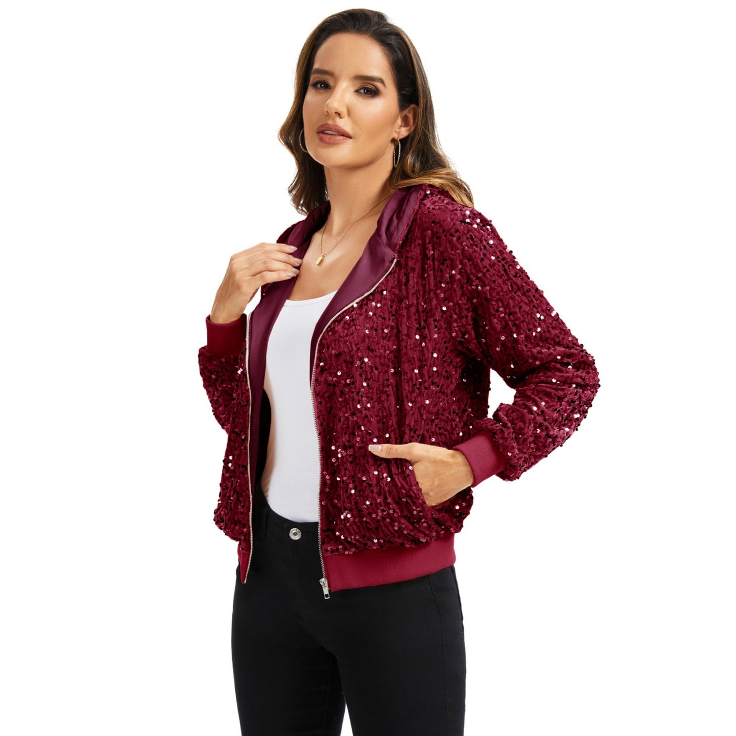 Anna-Kaci Women's Hooded Sequin Jacket with Front Zipper Closure and Ribbed Trim
