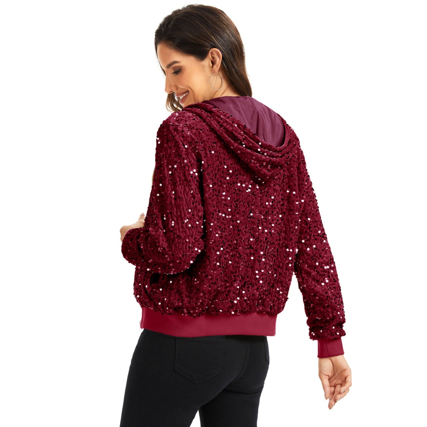 Anna-Kaci Women's Hooded Sequin Jacket with Front Zipper Closure and Ribbed Trim