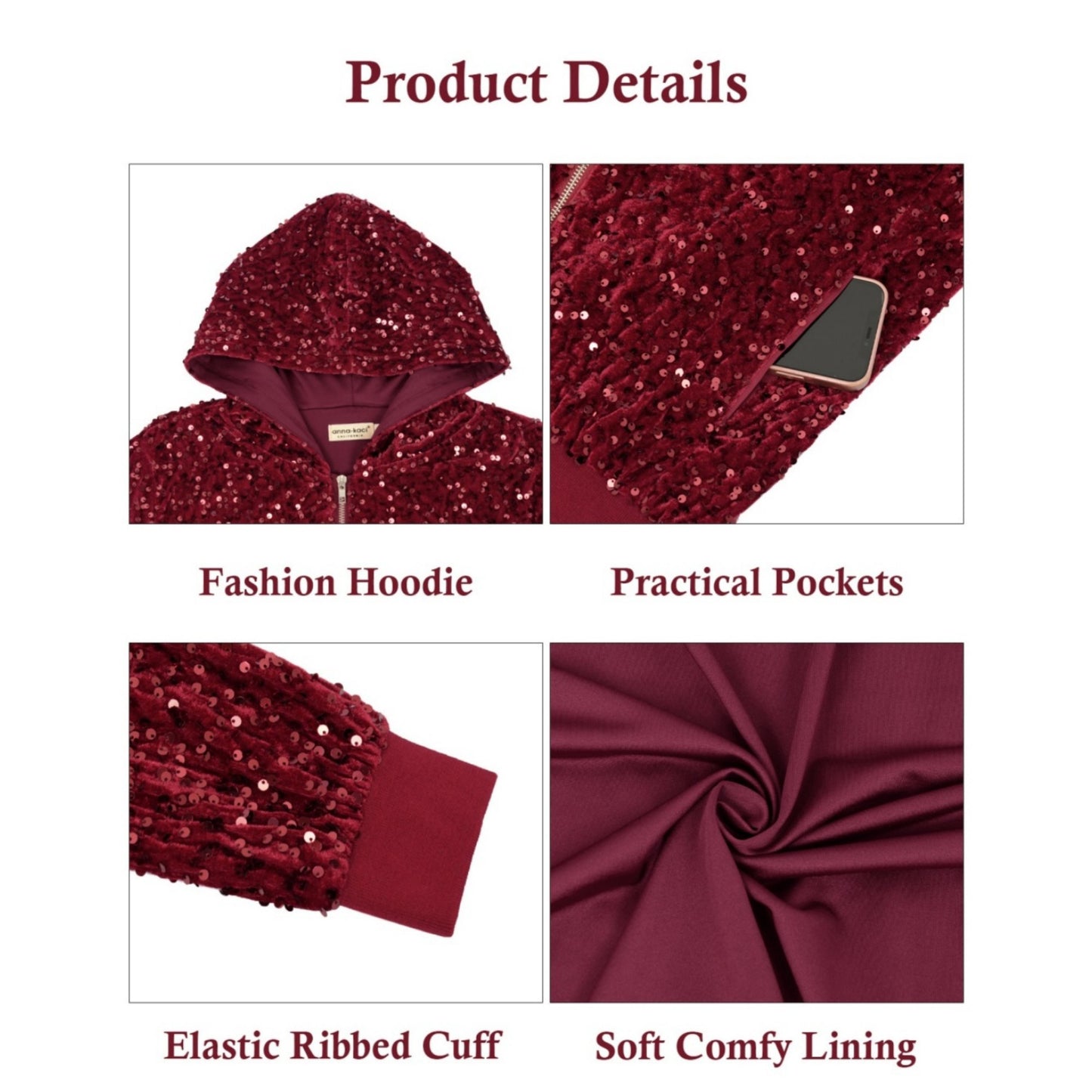 Anna-Kaci Women's Hooded Sequin Jacket with Front Zipper Closure and Ribbed Trim