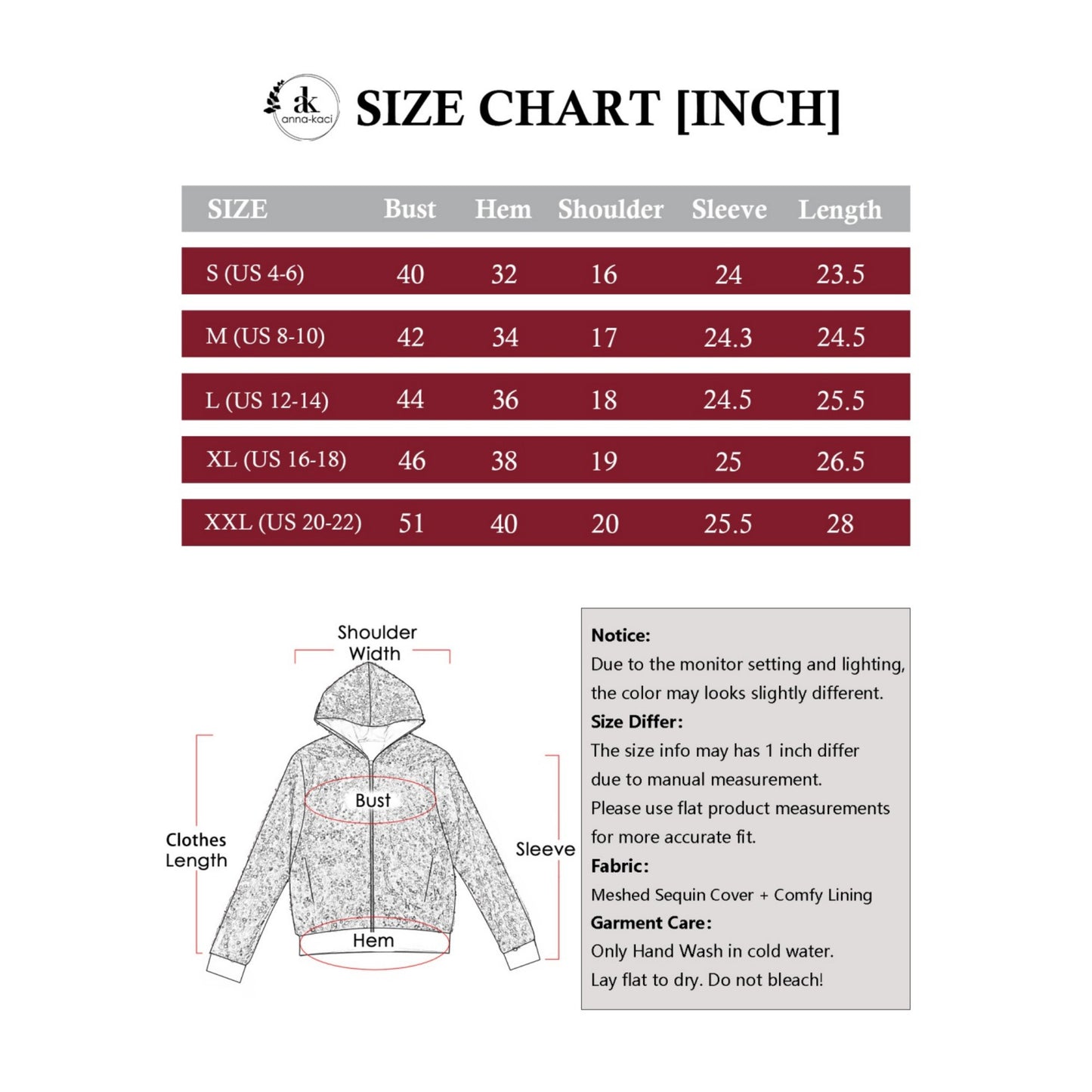 Anna-Kaci Women's Hooded Sequin Jacket with Front Zipper Closure and Ribbed Trim