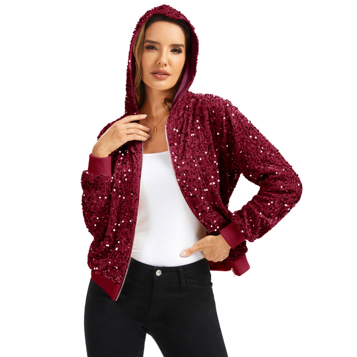 Anna-Kaci Women's Hooded Sequin Jacket with Front Zipper Closure and Ribbed Trim